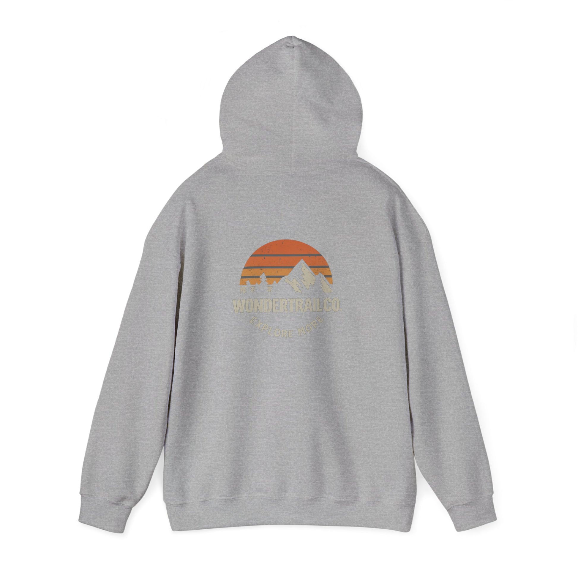 Gray hoodie with a sunset and mountain graphic on the back, on a white background