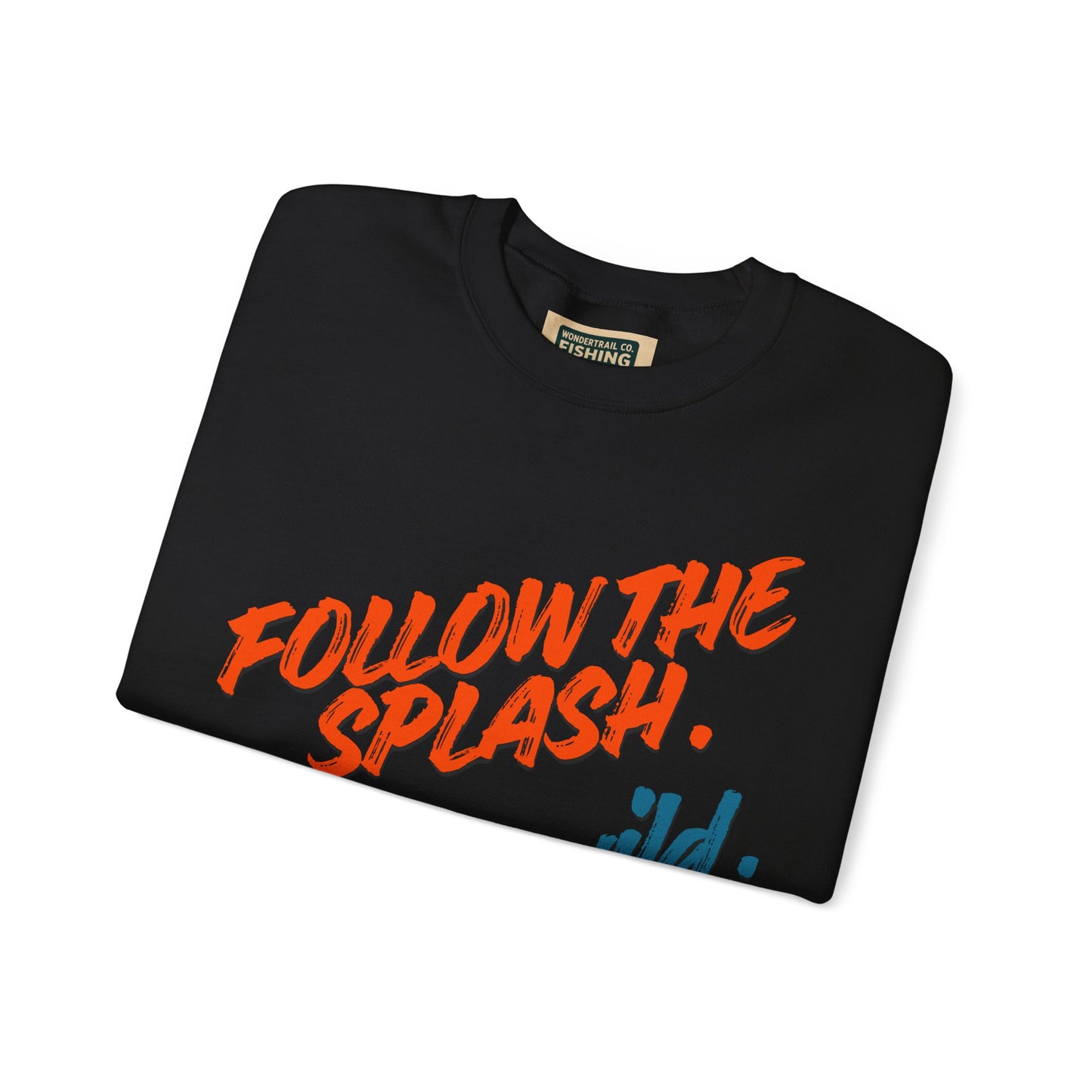 Black t-shirt with orange text 'Follow the Splash' on a white background