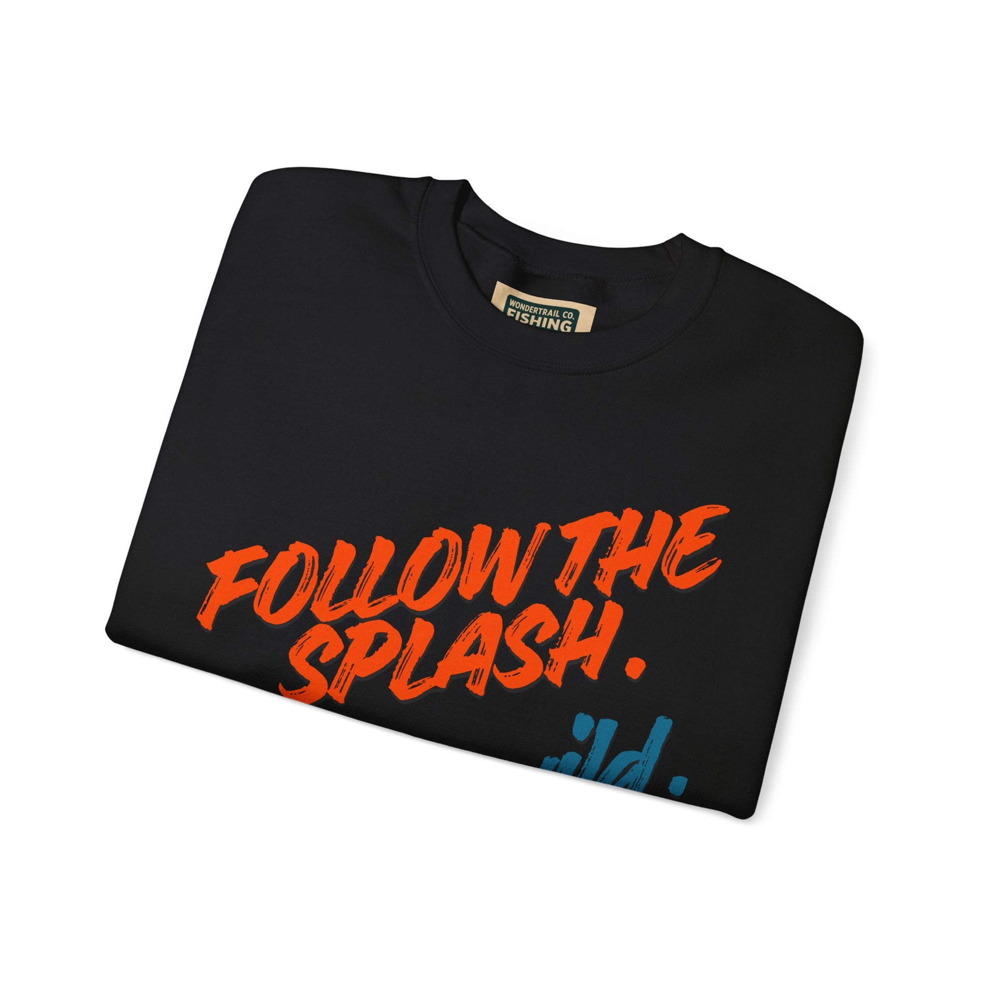 Black t-shirt with orange text 'Follow the Splash' on a white background