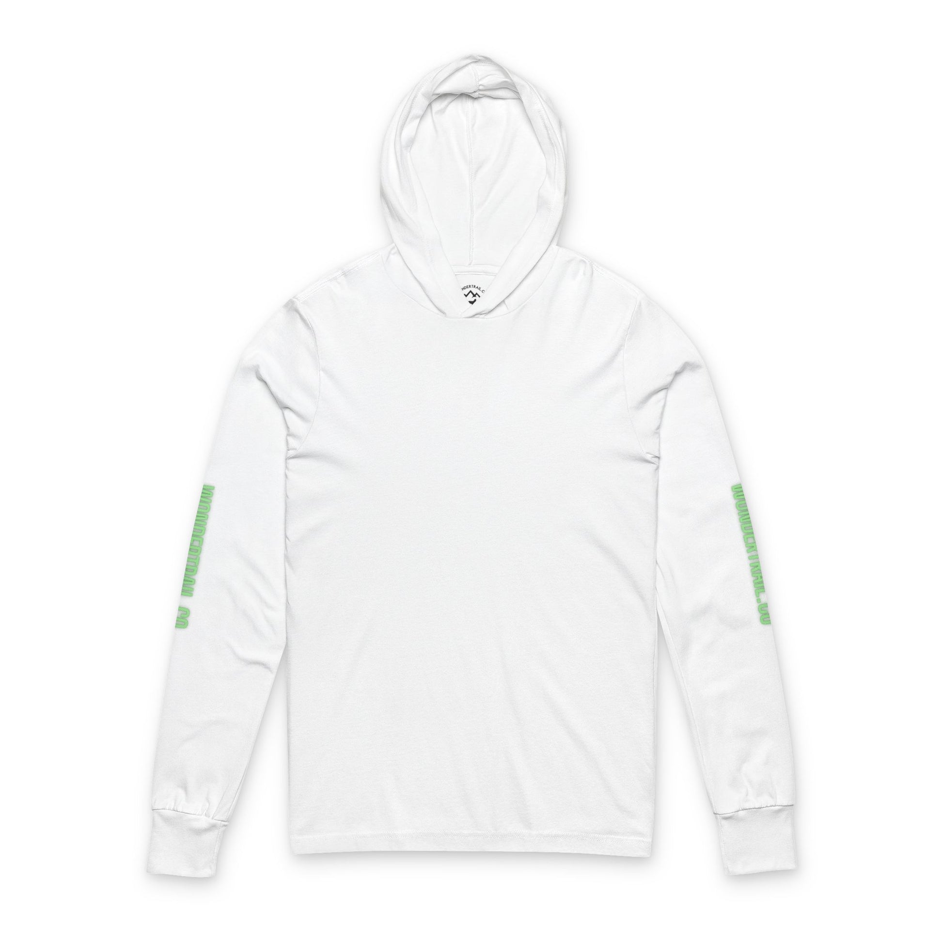 White hoodie with green accents on a white background