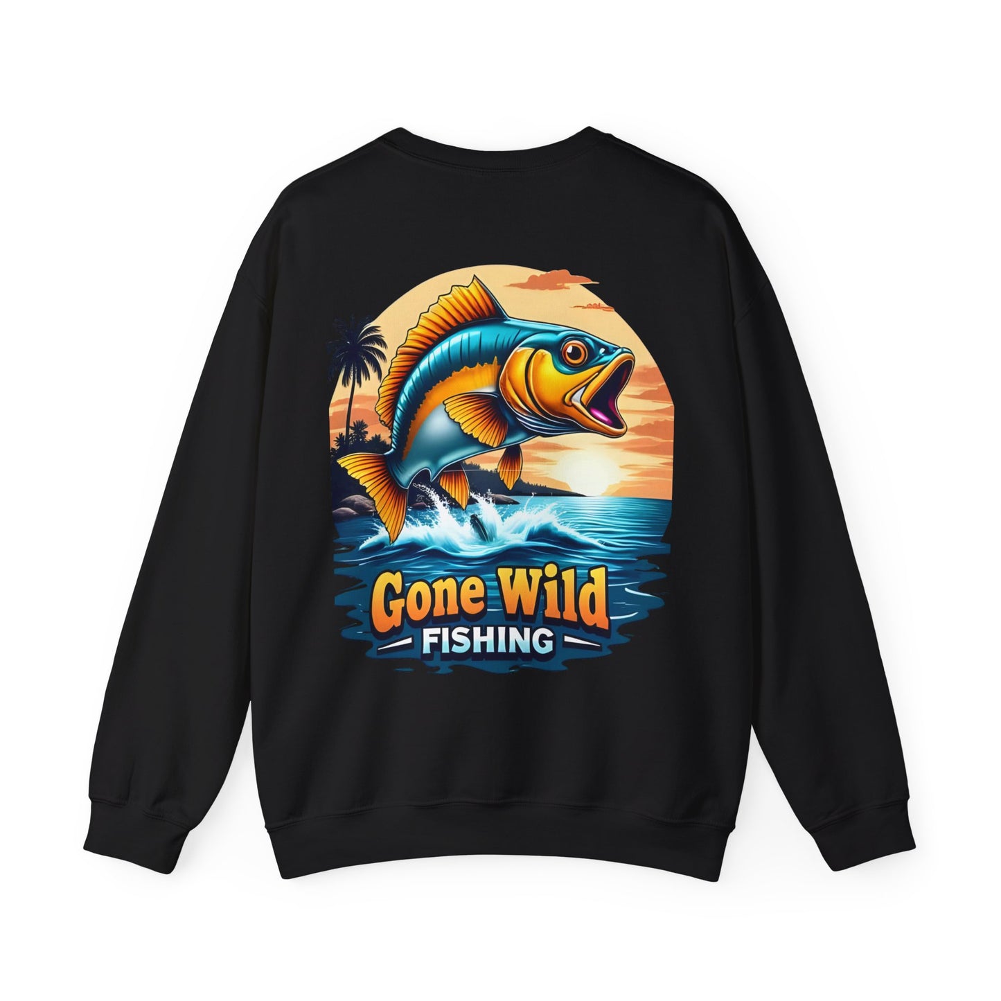Black sweatshirt with a colorful fish graphic and 'Gone Wild Fishing' text on the back.