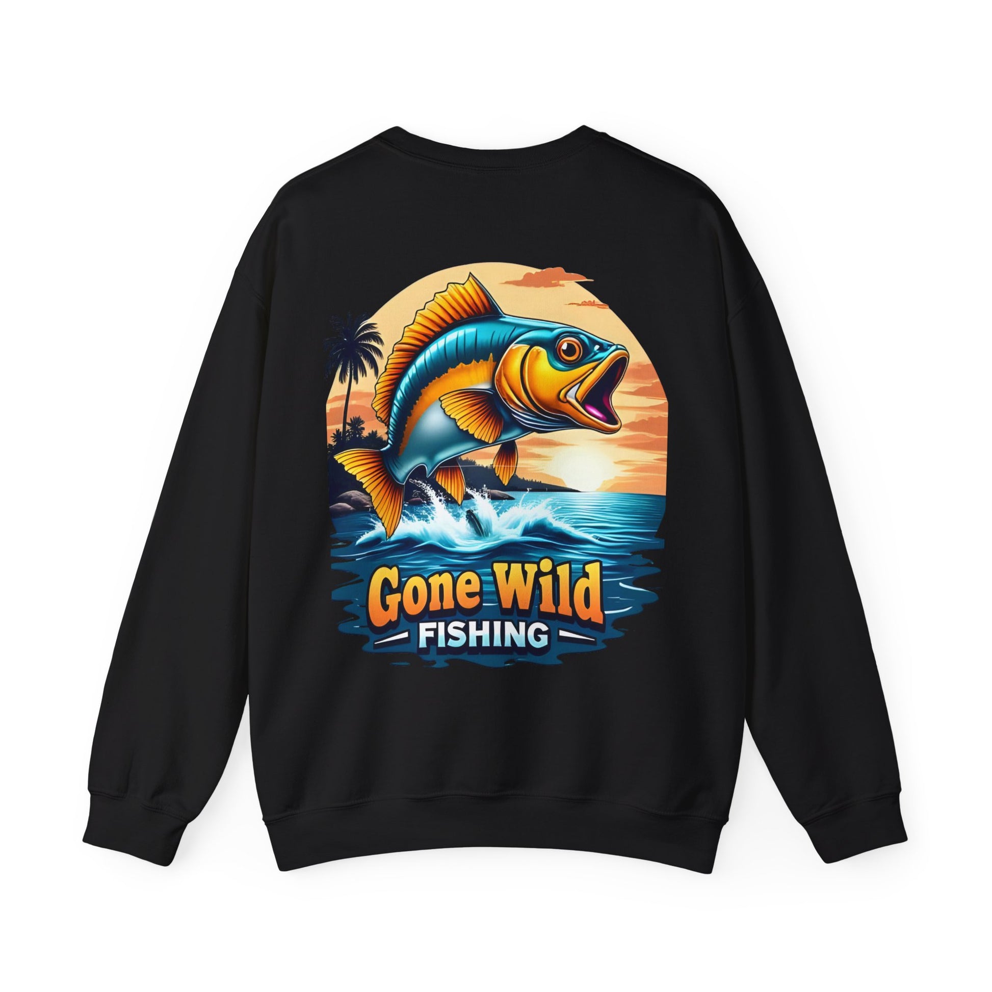 Black sweatshirt with a colorful fish graphic and 'Gone Wild Fishing' text on the back.