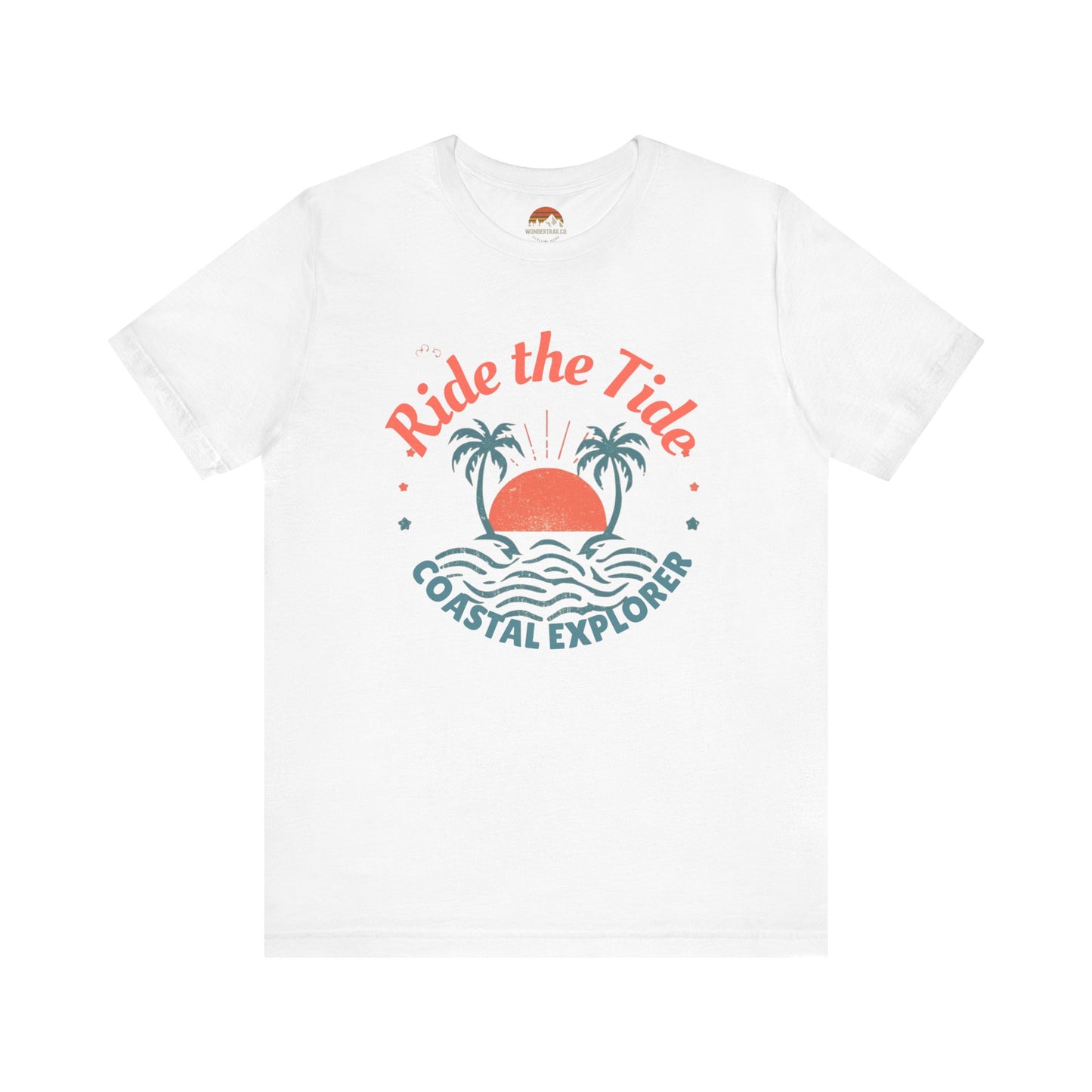 White t-shirt with 'Ride the Tide Coastal Explorer' design on a white background