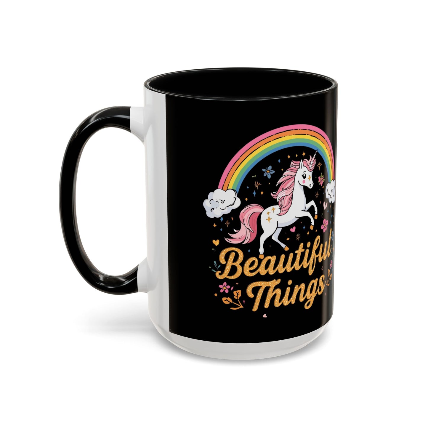 Mug with unicorn and rainbow design on a black background