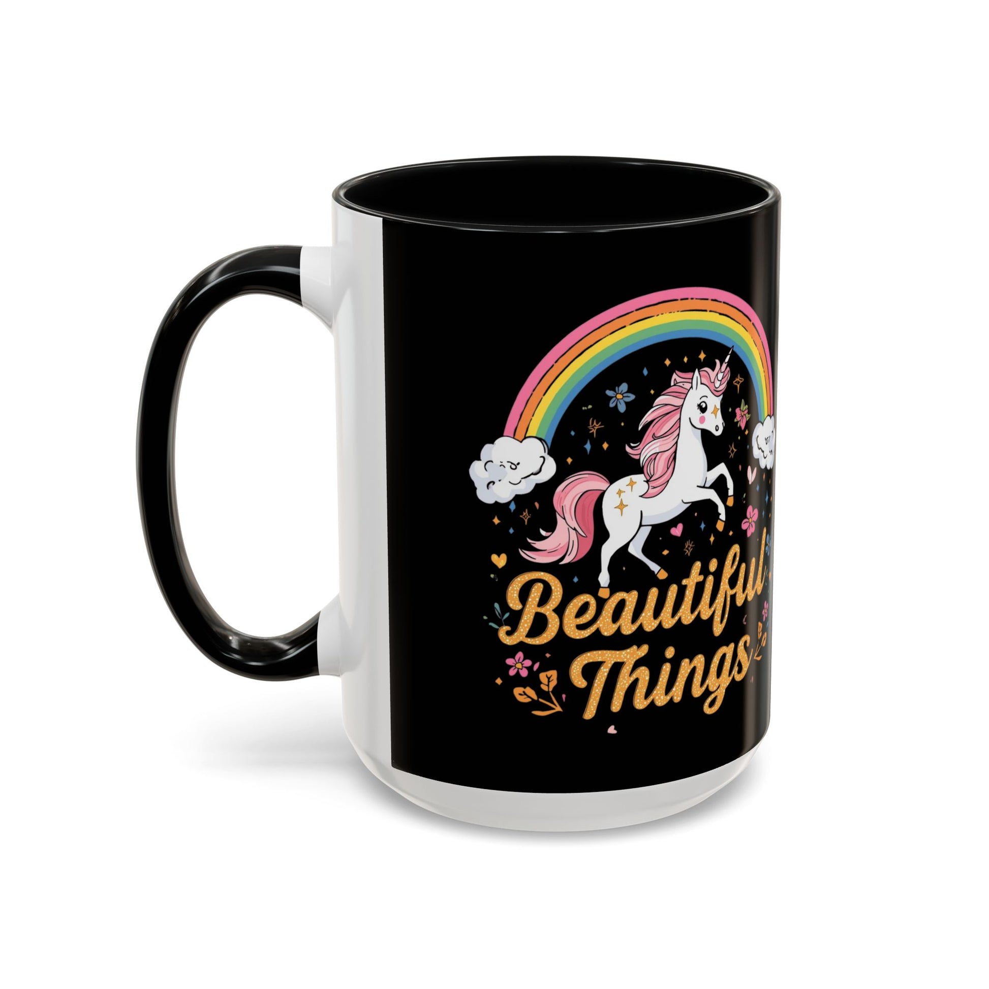 Mug with unicorn and rainbow design on a black background