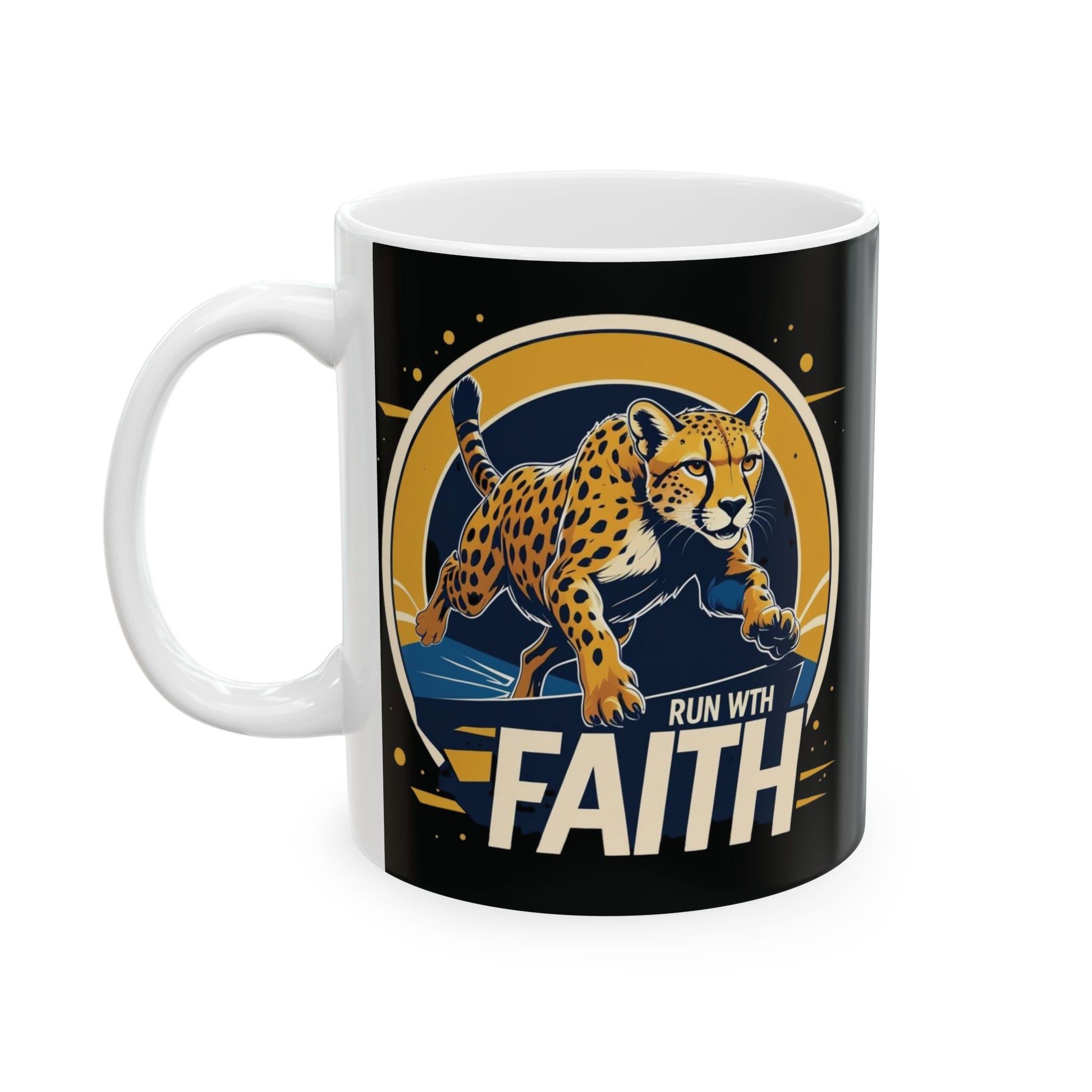 Mug with cheetah graphic and 'Run with Faith' text on a black background