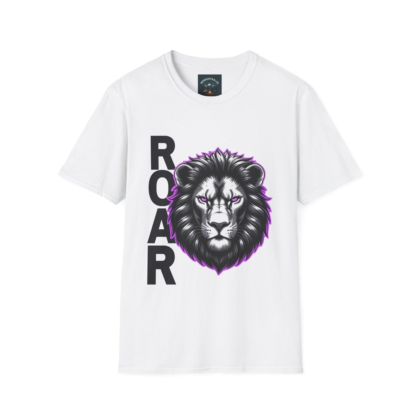 White t-shirt with a lion graphic and 'ROAR' text on a white background