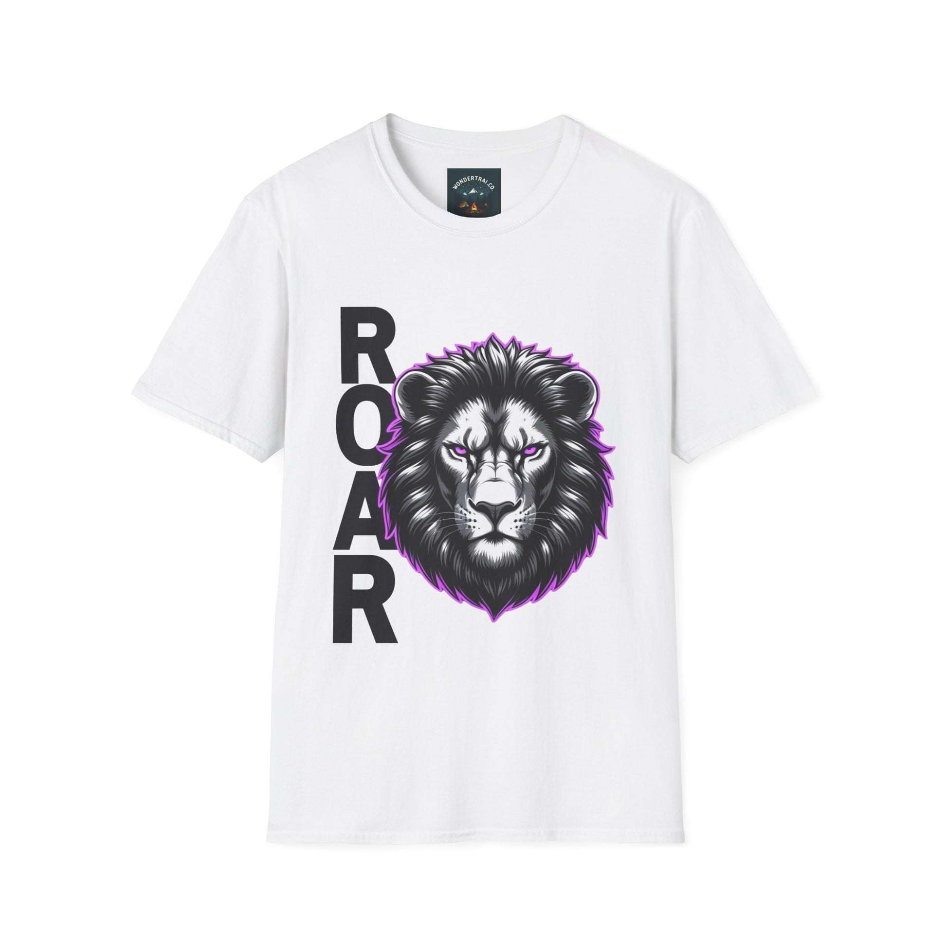 White t-shirt with a lion graphic and 'ROAR' text on a white background