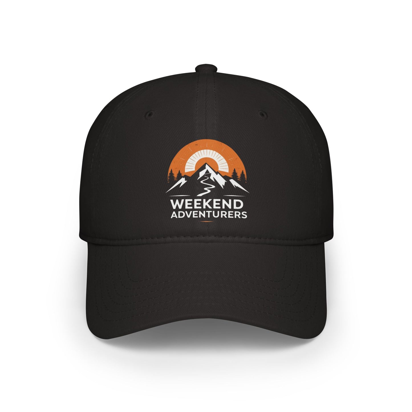 Black cap with 'Weekend Adventurers' logo on a white background