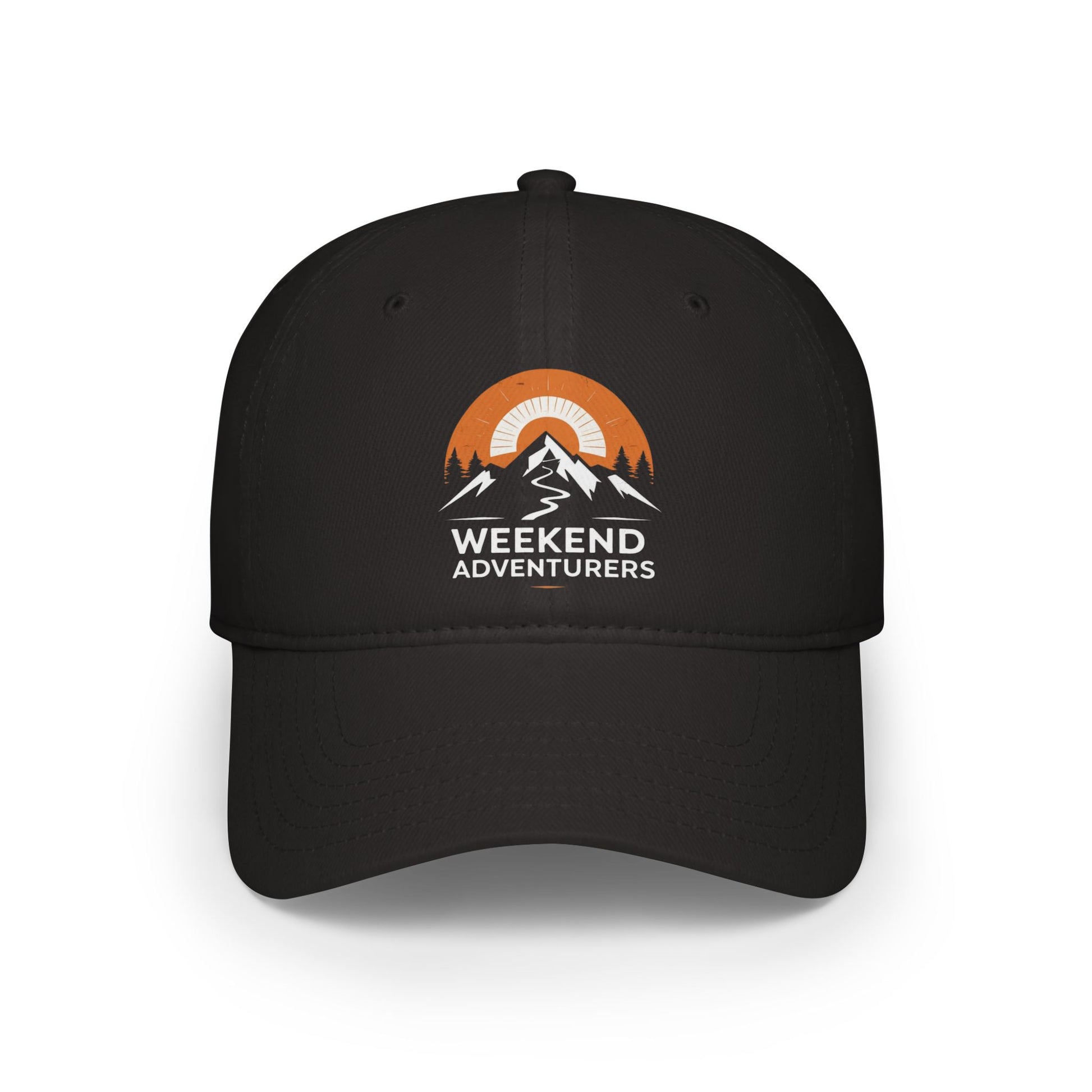 Black cap with 'Weekend Adventurers' logo on a white background