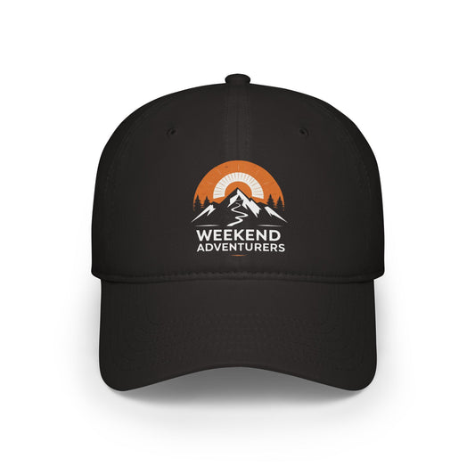Black cap with 'Weekend Adventurers' logo on a white background