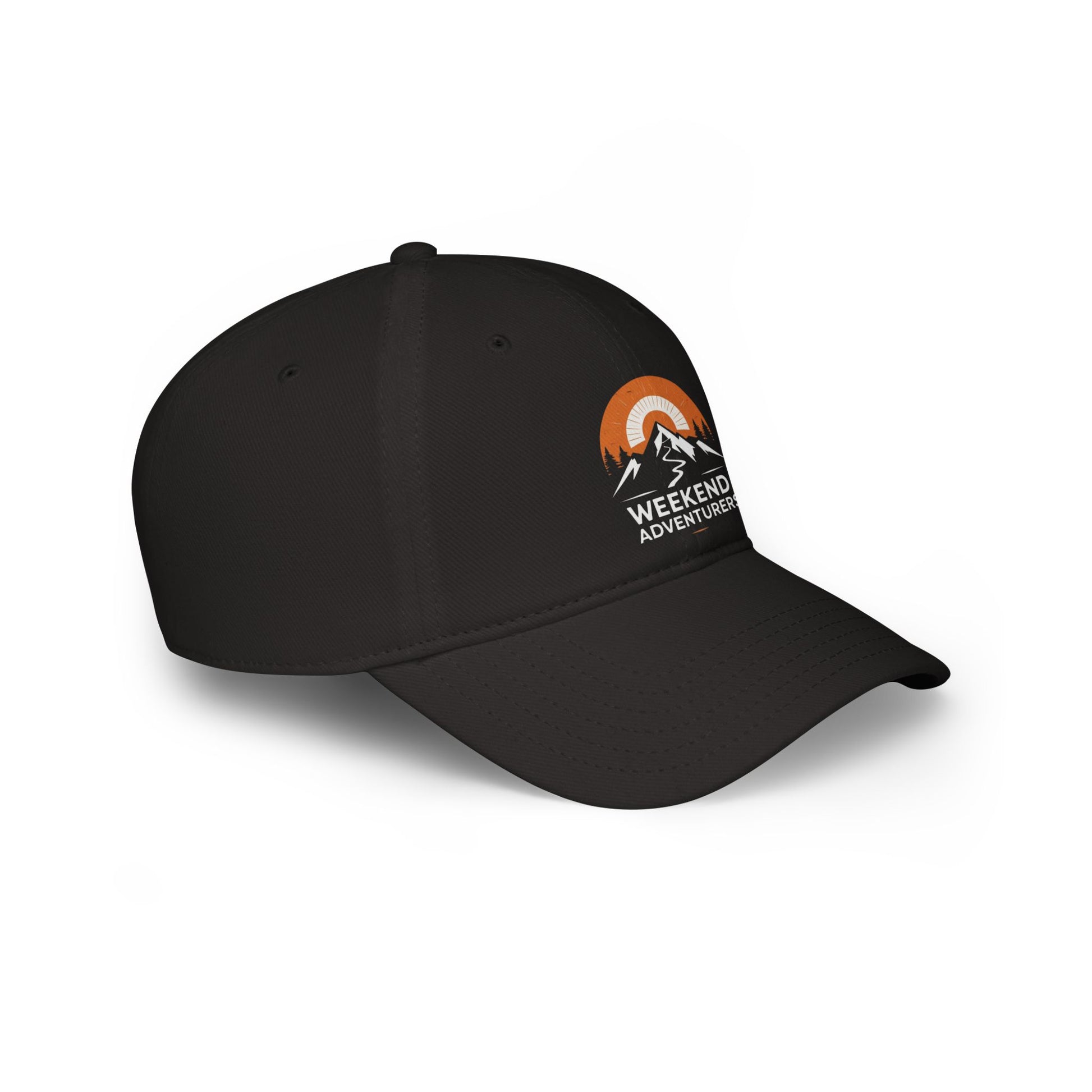 Black cap with 'Weekend Adventure' logo on a white background