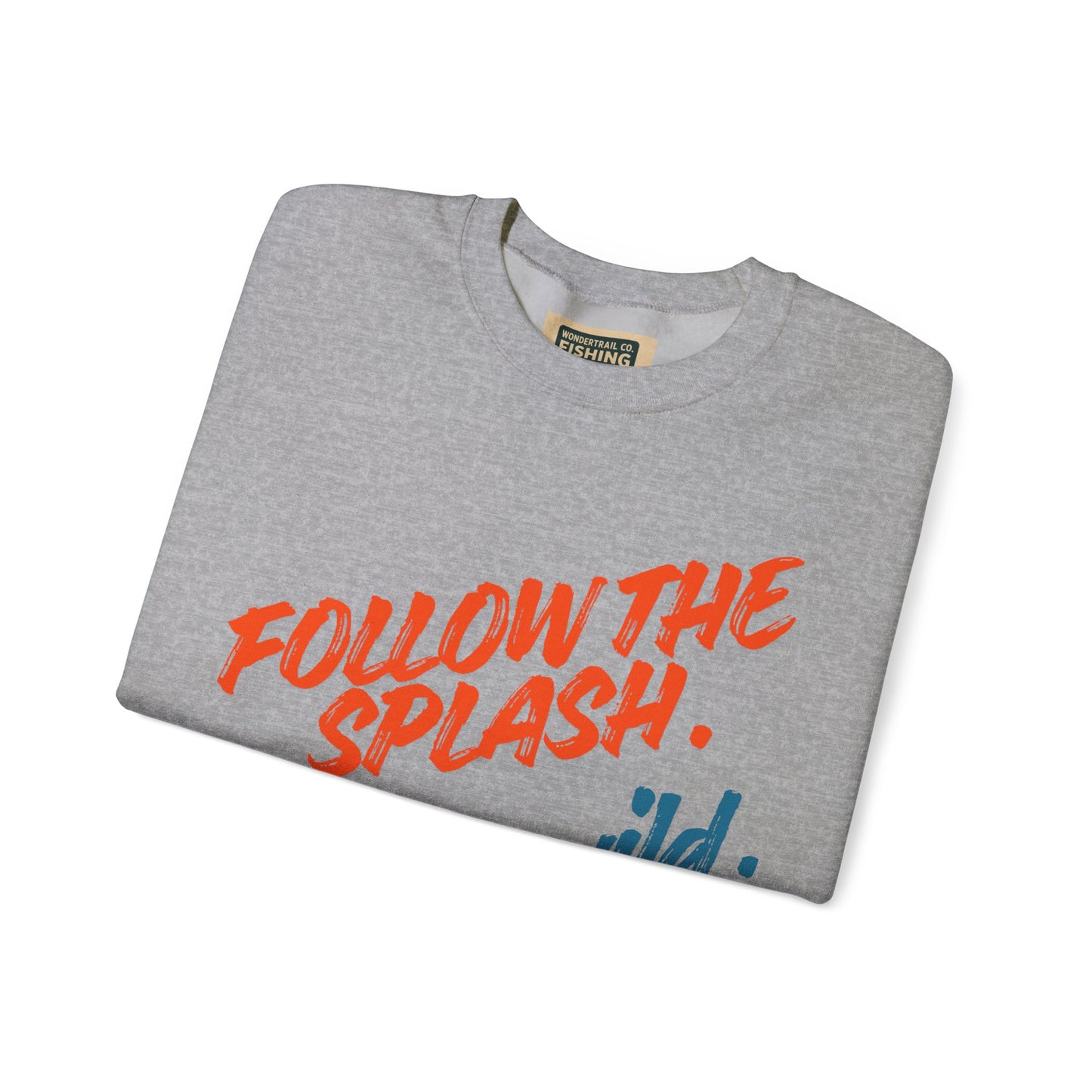 Folded gray t-shirt with orange text 'Follow the Splash' on a white background
