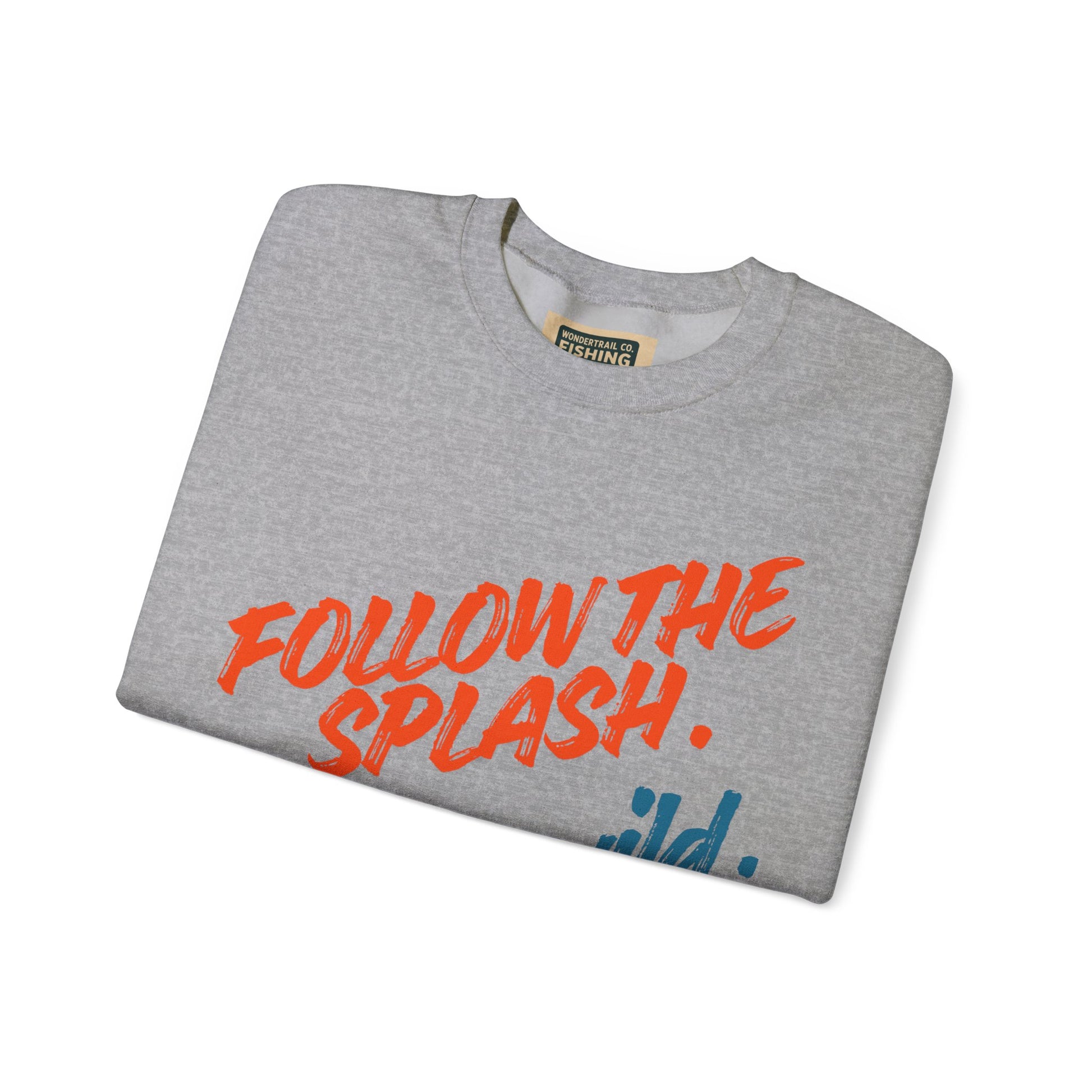 Folded gray t-shirt with orange text 'Follow the Splash' on a white background
