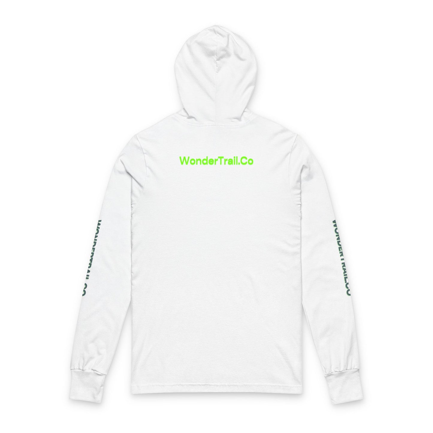 White hoodie with green text on a white background