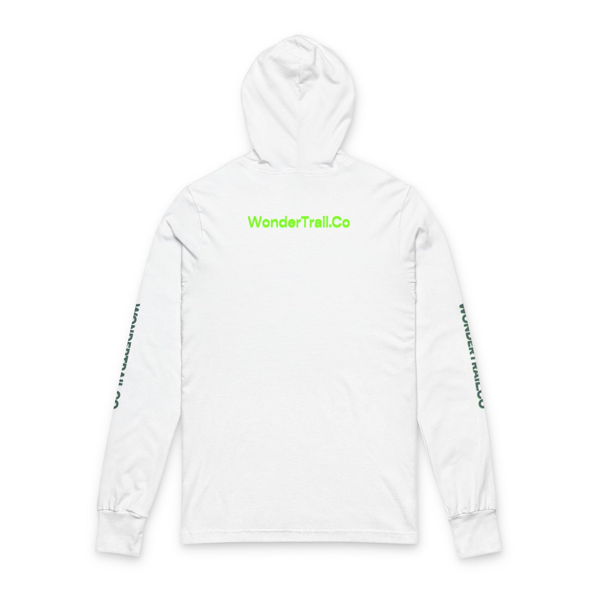 White hoodie with green text on a white background