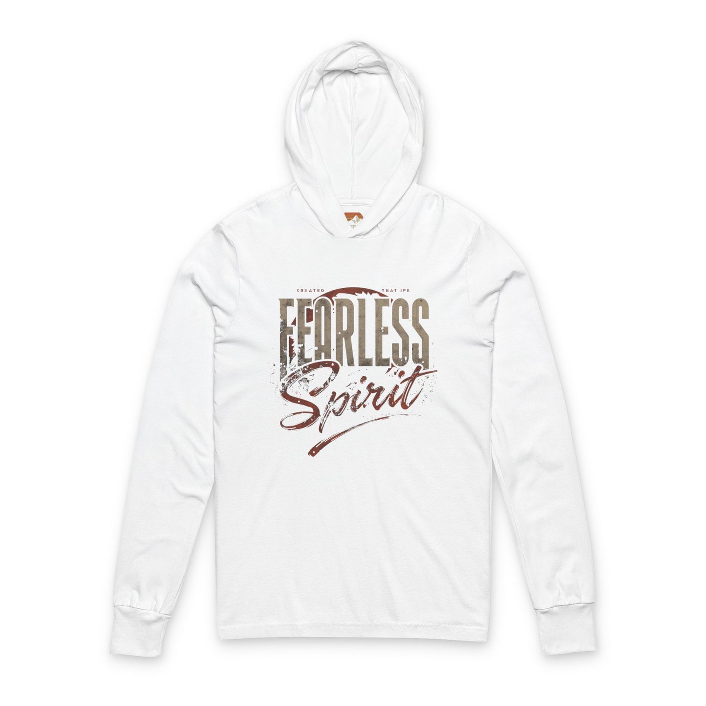 White hoodie with 'Fearless Spirit' text on a white background