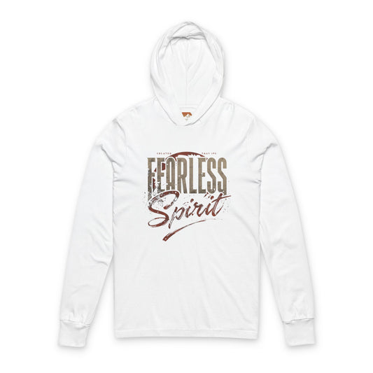 White hoodie with 'Fearless Spirit' text on a white background