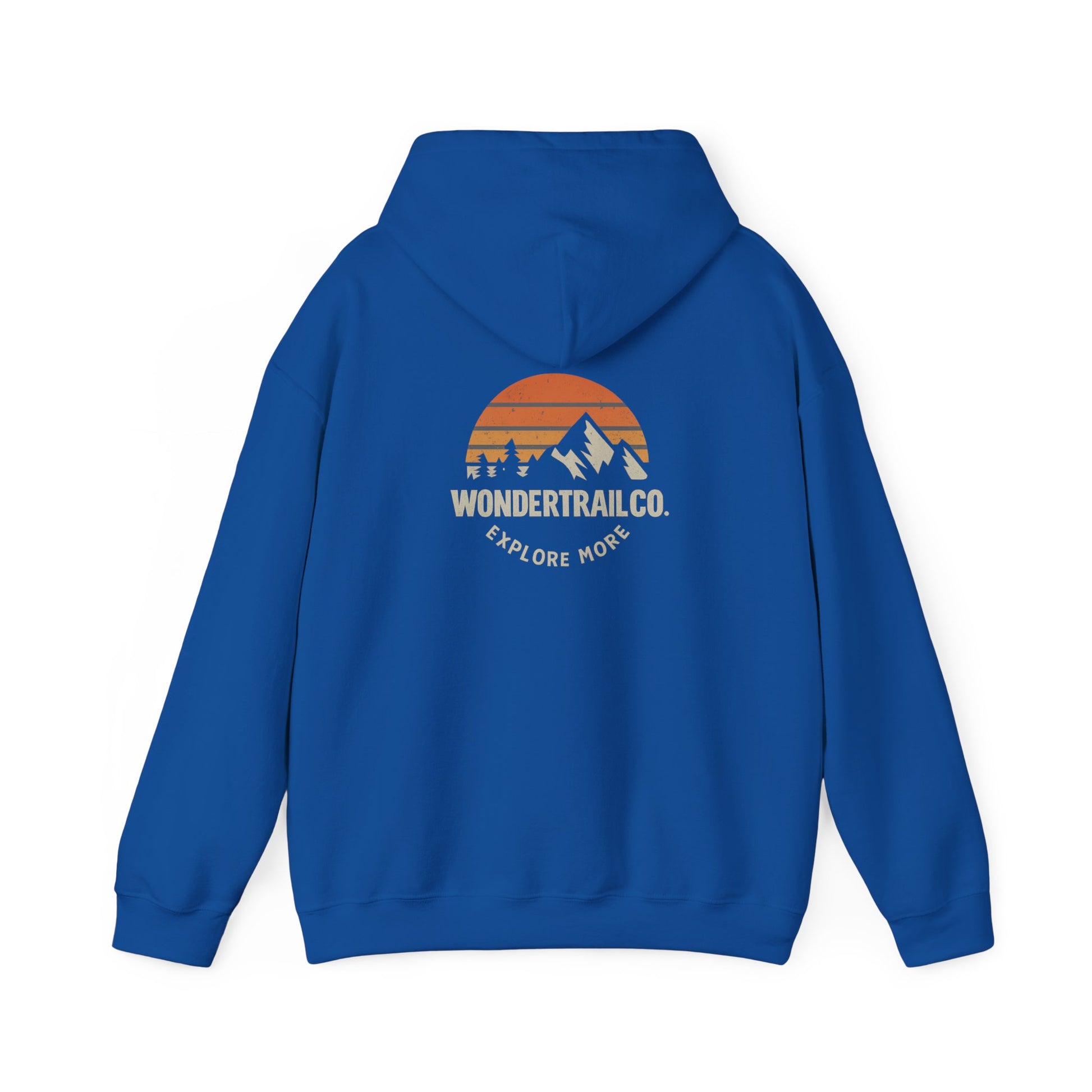 Blue hoodie with a mountain and sunset design on the back, featuring the 'Wondertrail.co' logo.