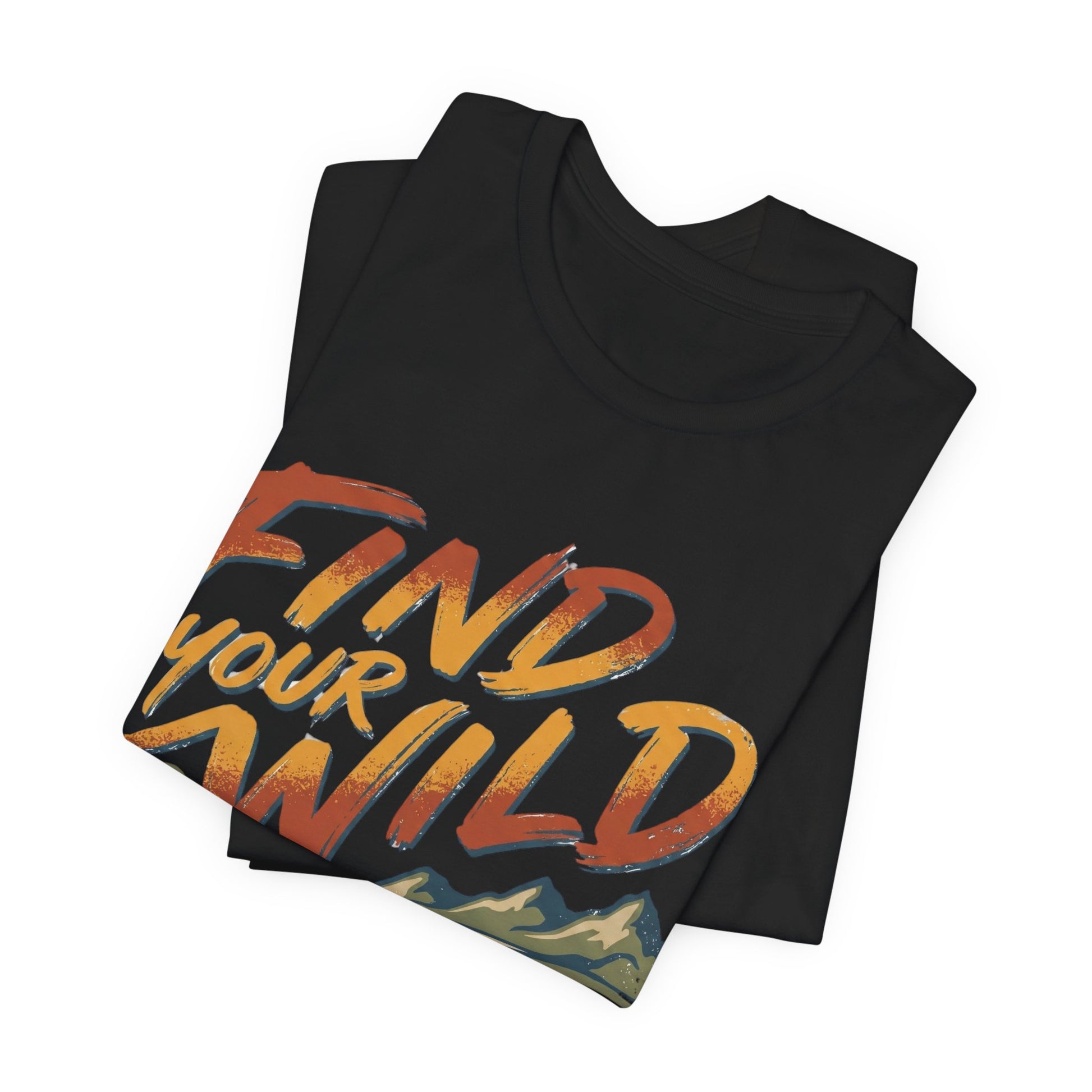 Black t-shirt with 'Find Your Wild' text design on a white background