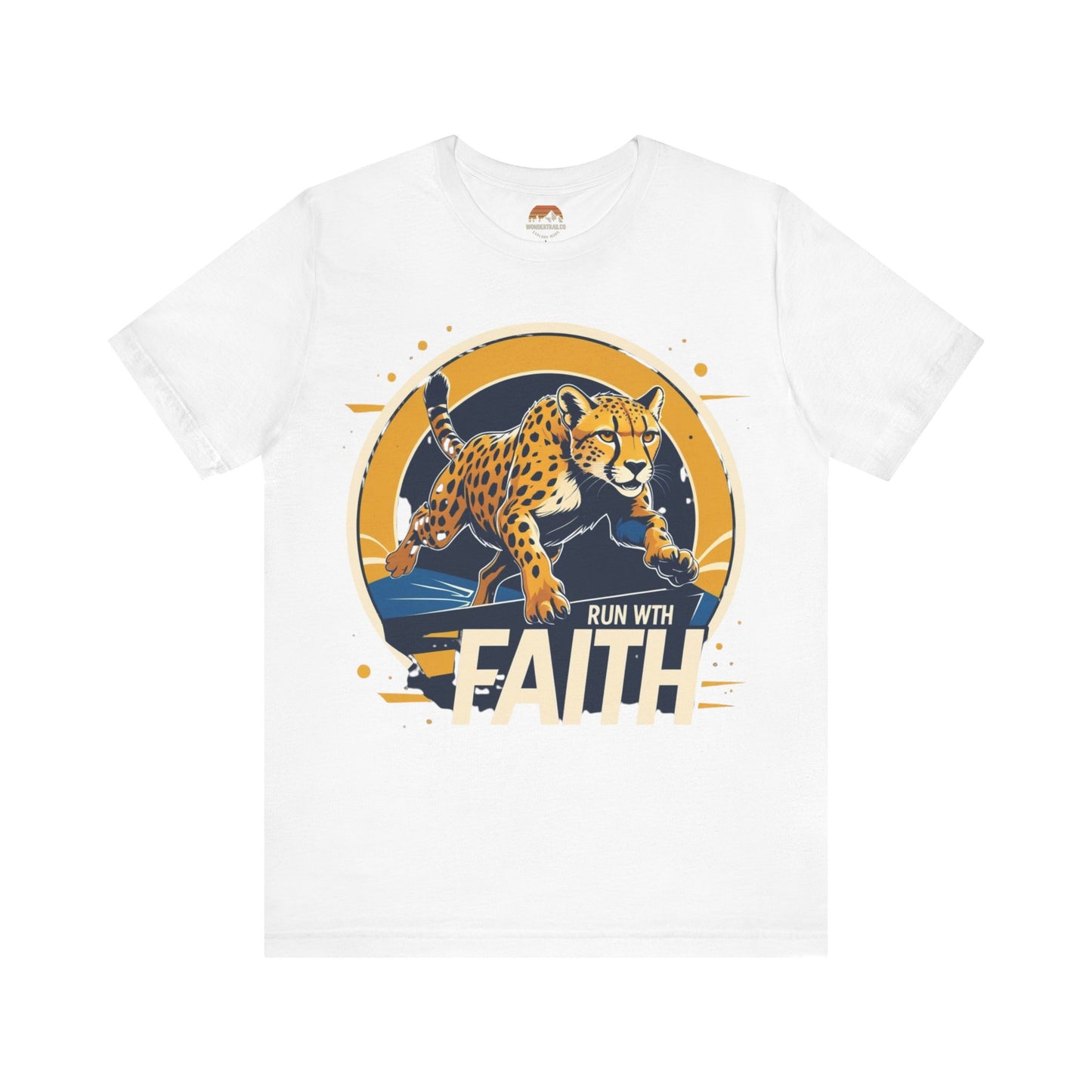 White t-shirt with a cheetah graphic and 'Run with Faith' text on a white background