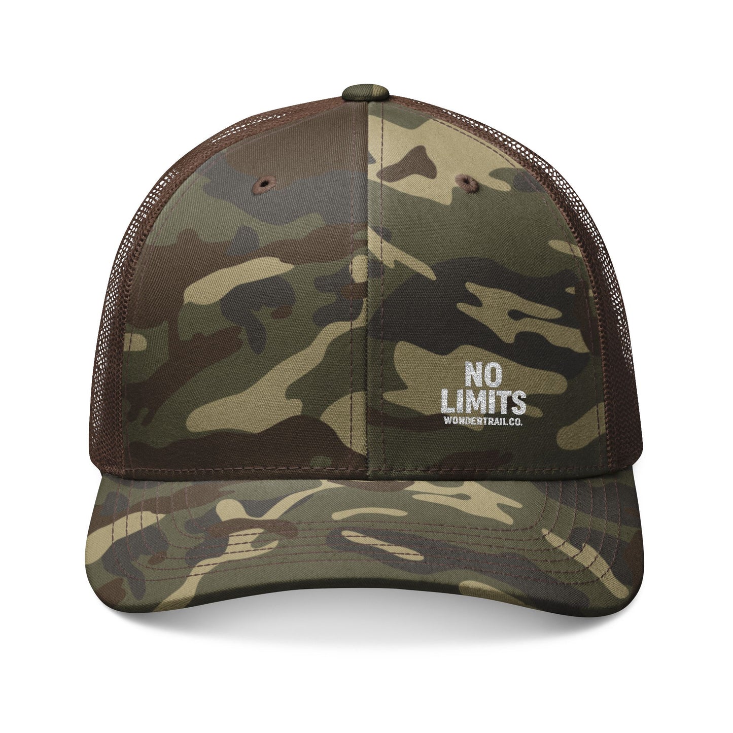 Camouflage cap with 'No Limits' text on a white background