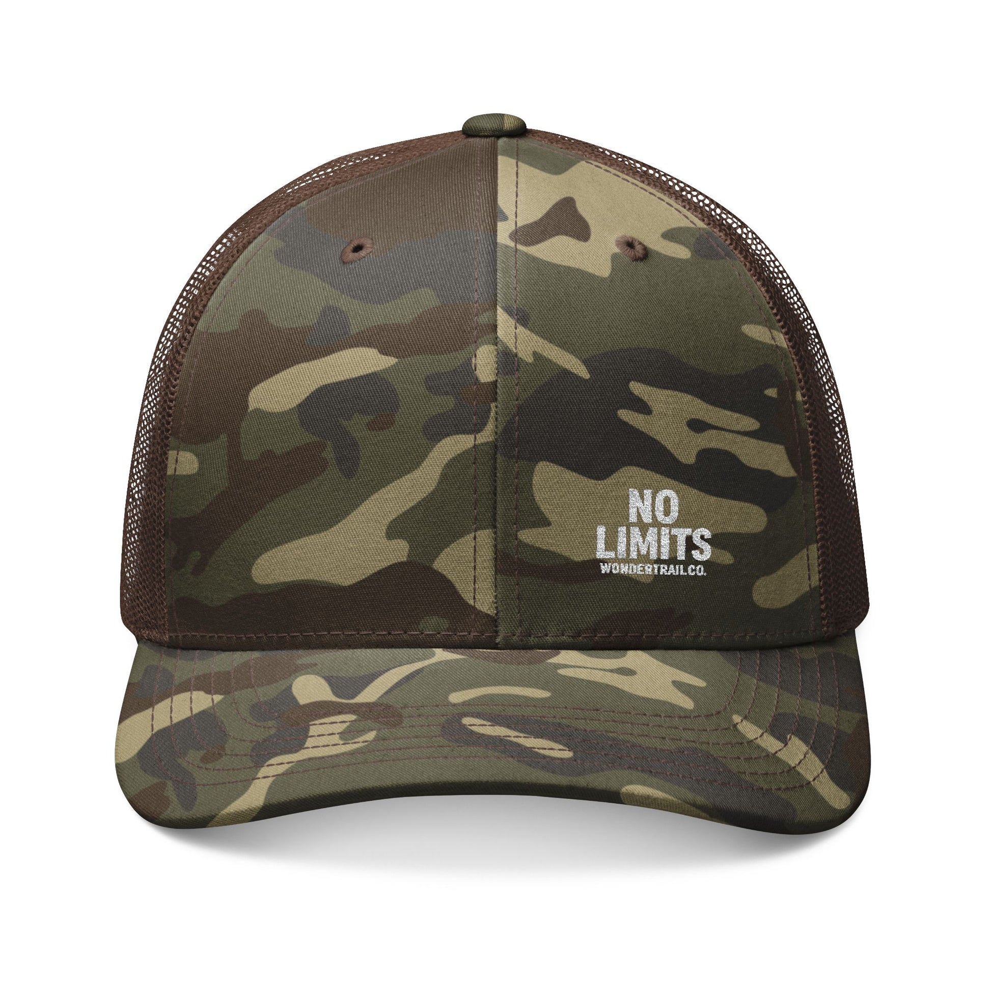 Camouflage cap with 'No Limits' text on a white background