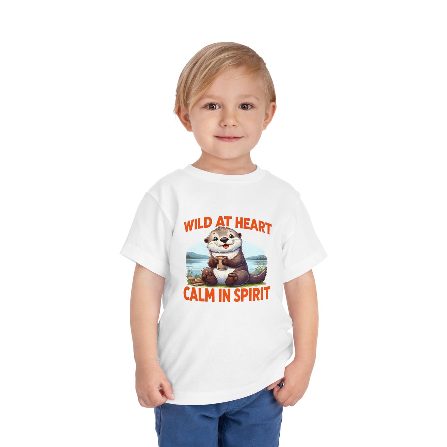 Child wearing a white t-shirt with an otter graphic and text on a white background