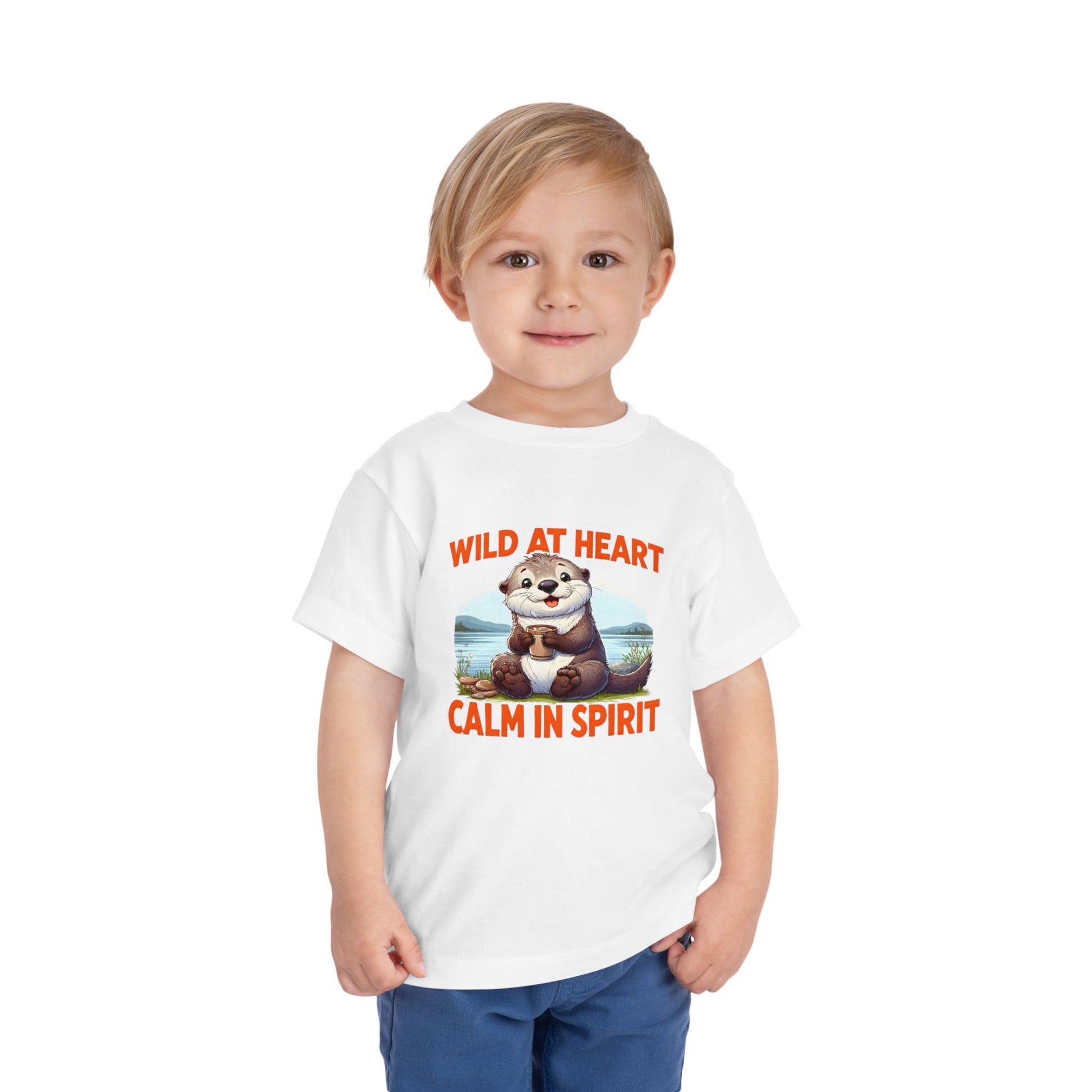 Child wearing a white t-shirt with an otter graphic and text on a white background