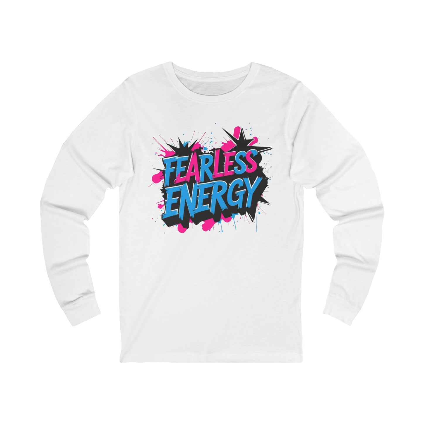 White long-sleeve shirt with 'Fearless Energy' graphic design on a white background