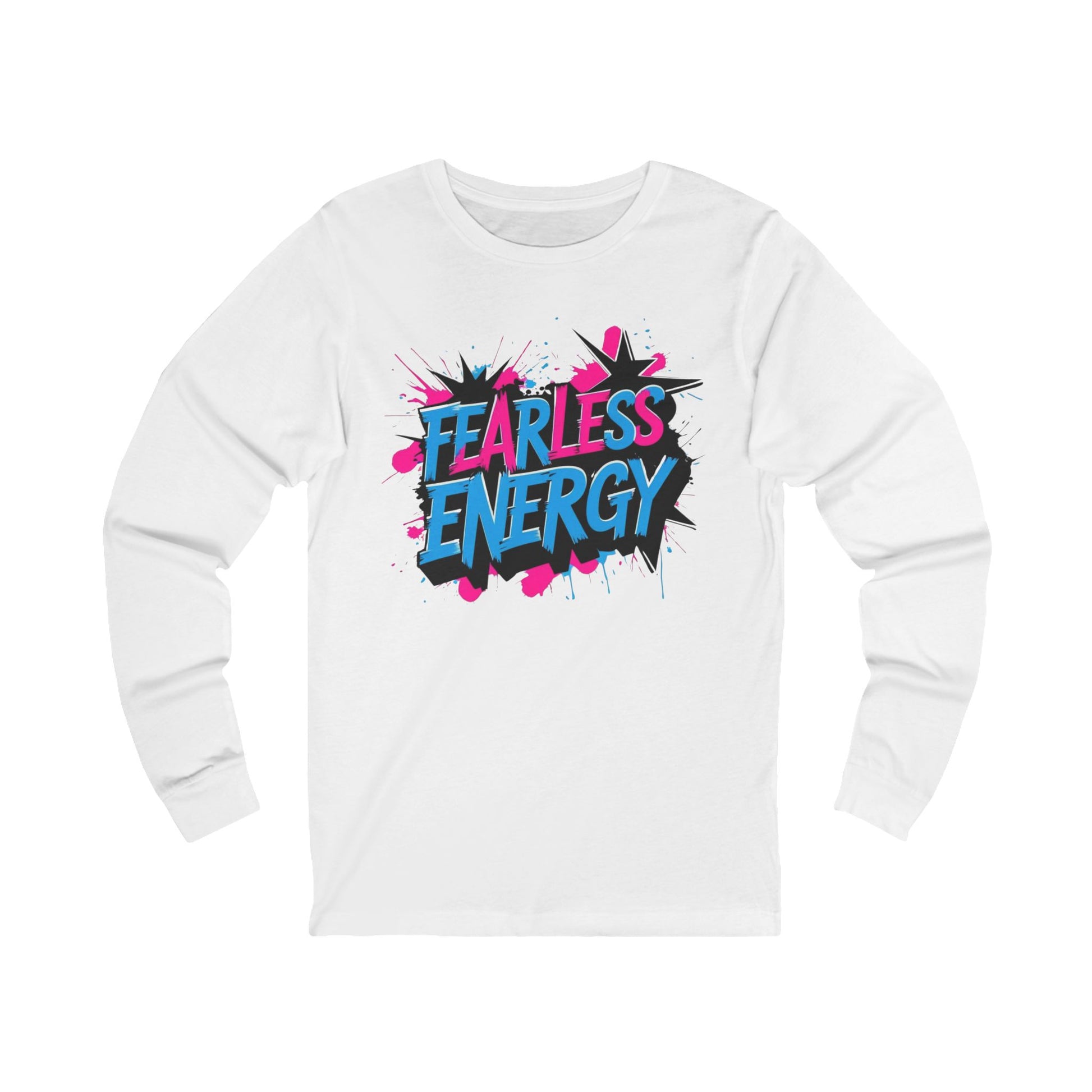 White long-sleeve shirt with 'Fearless Energy' graphic design on a white background