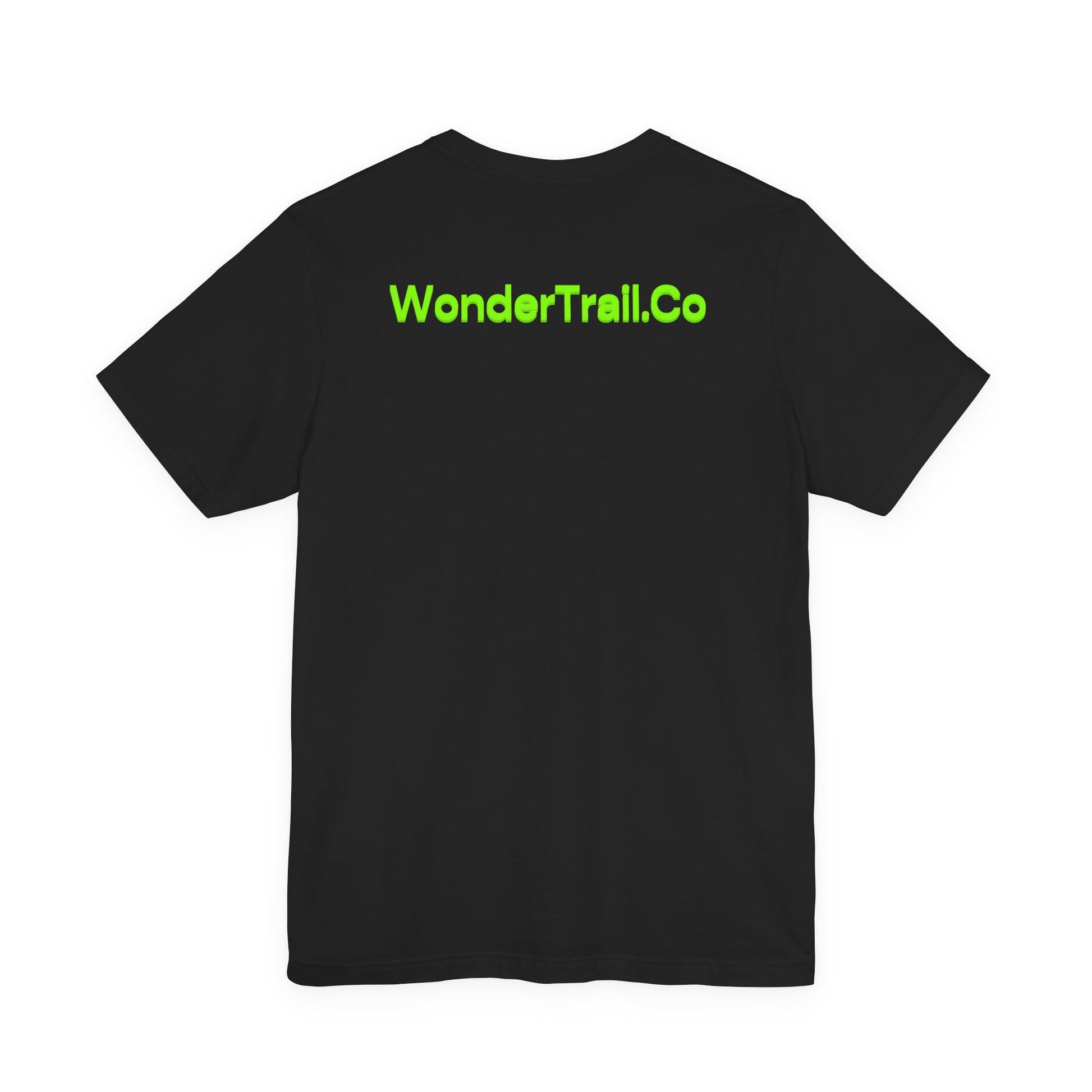 Black t-shirt with 'WonderTrail.Co' text on the back against a white background
