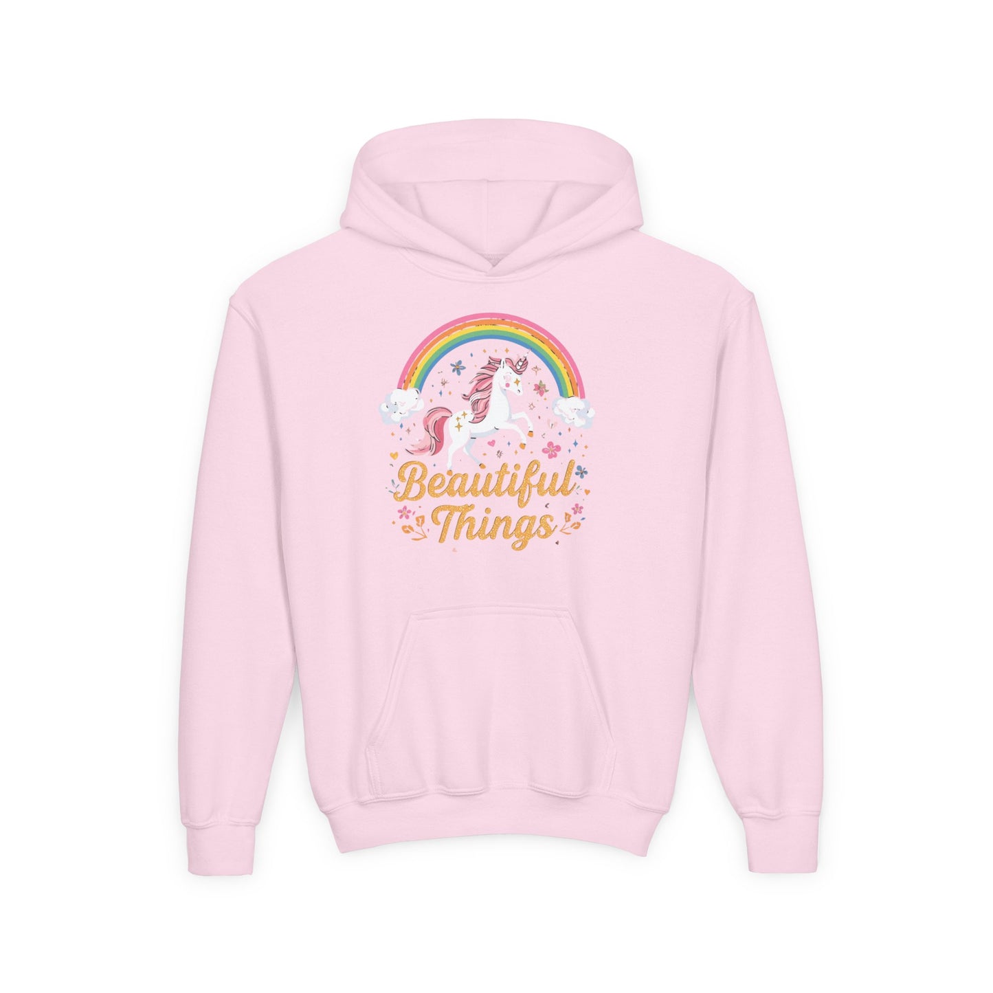 Pink hoodie with unicorn and rainbow design on a white background