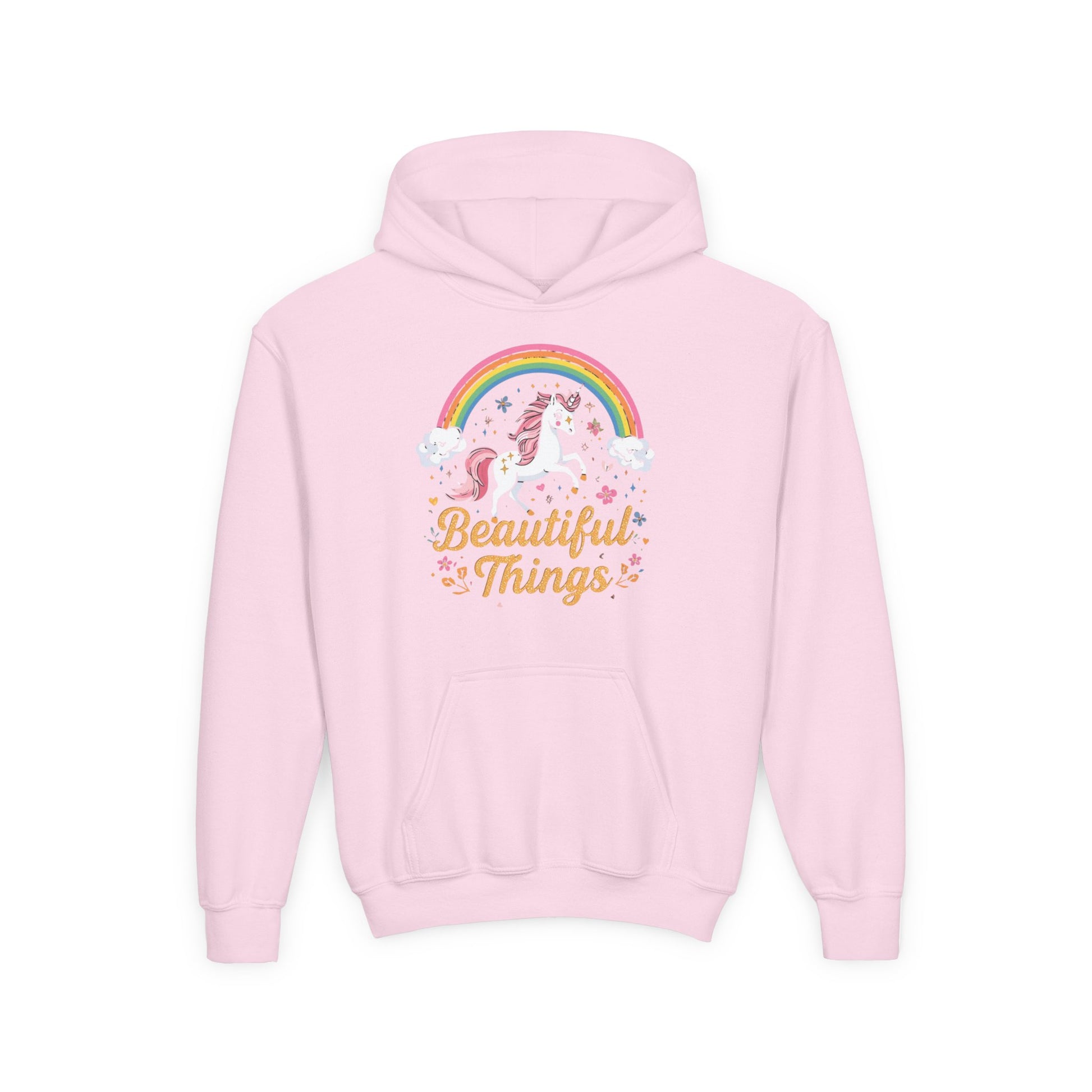 Pink hoodie with unicorn and rainbow design on a white background