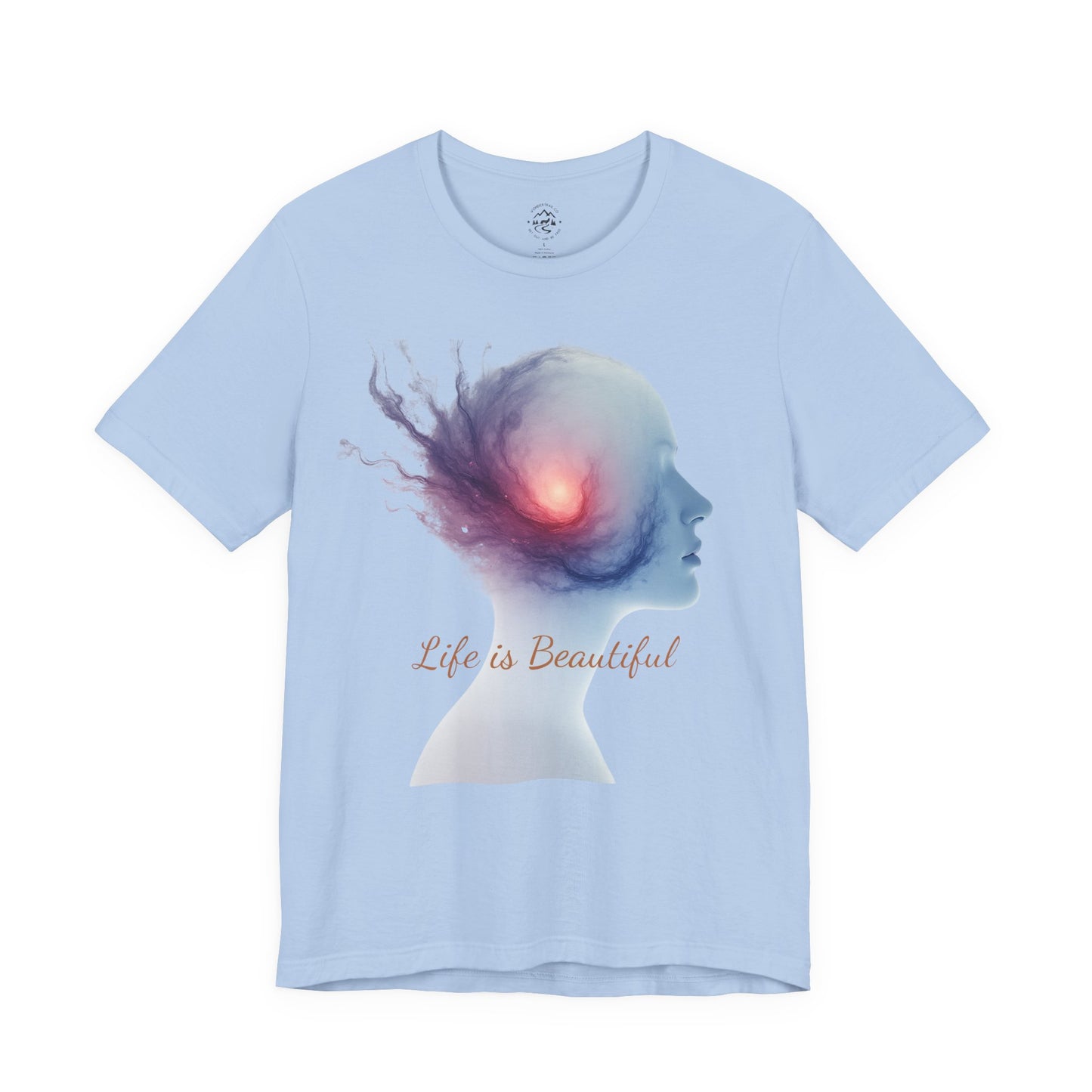 Light blue t-shirt with a graphic of a silhouette with colorful head and 'Life is Beautiful' text on a white background