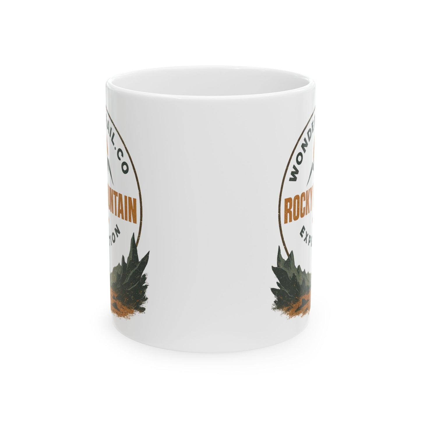 White mug with mountain and pine tree design on a white background