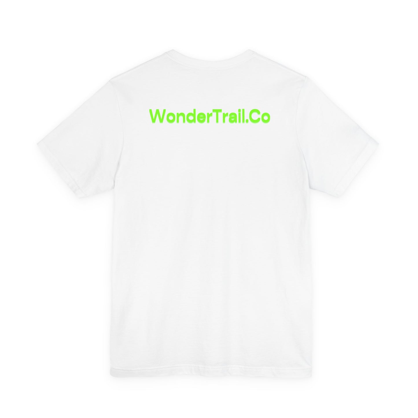 White t-shirt with 'WonderTrail.Co' text in green on a white background