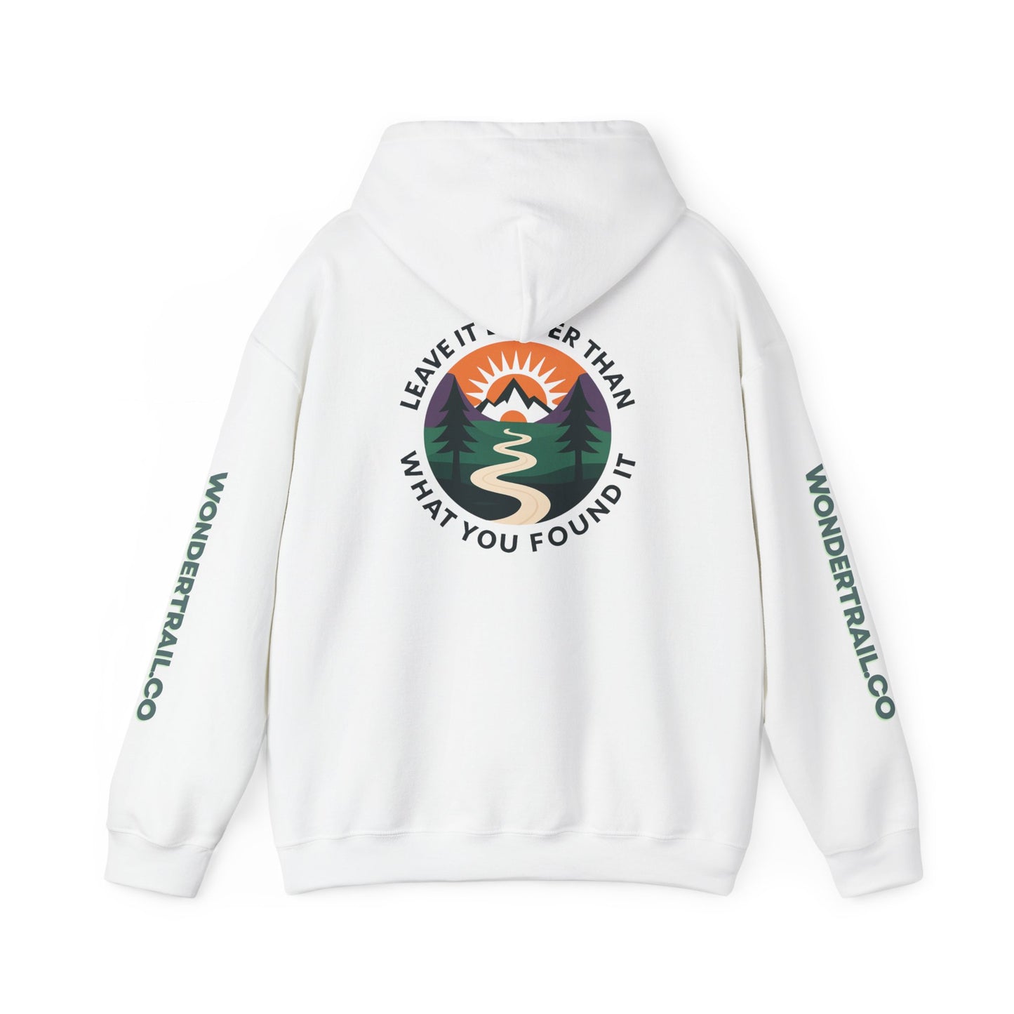 White hoodie with outdoor-themed design and 'Wondertrail.co' branding on a white background