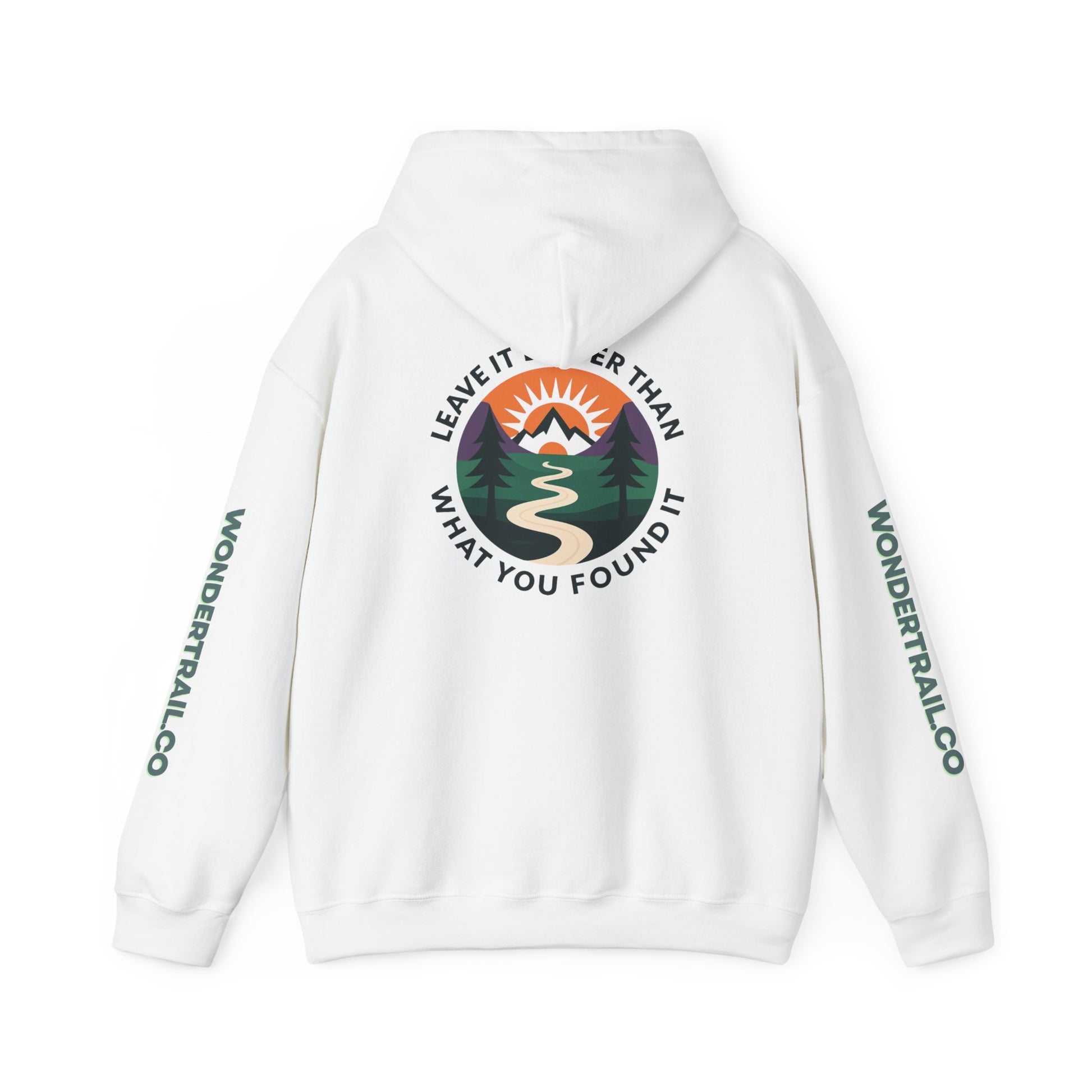 White hoodie with outdoor-themed design and 'Wondertrail.co' branding on a white background