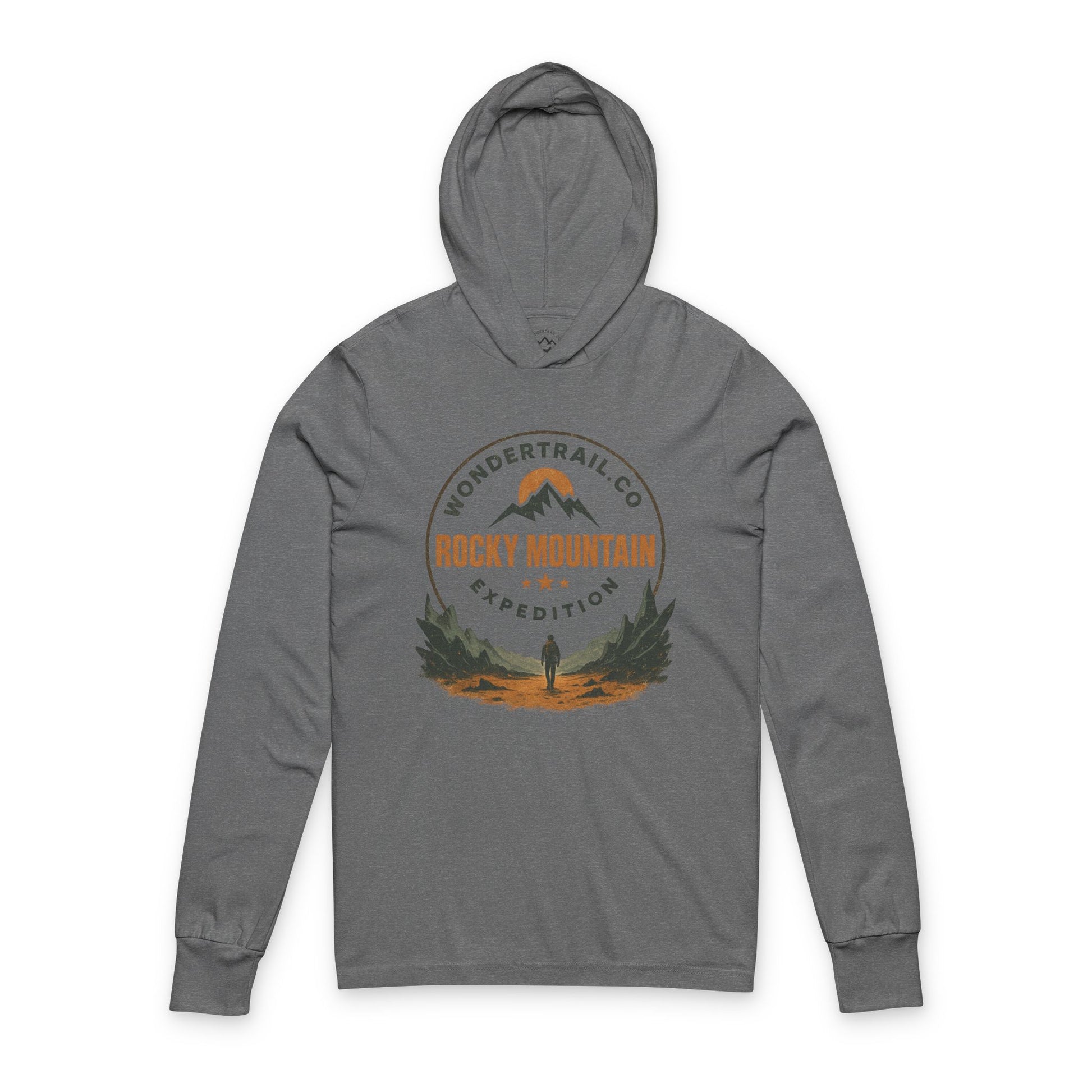 Gray hoodie with Rocky Mountain Expedition graphic on a white background