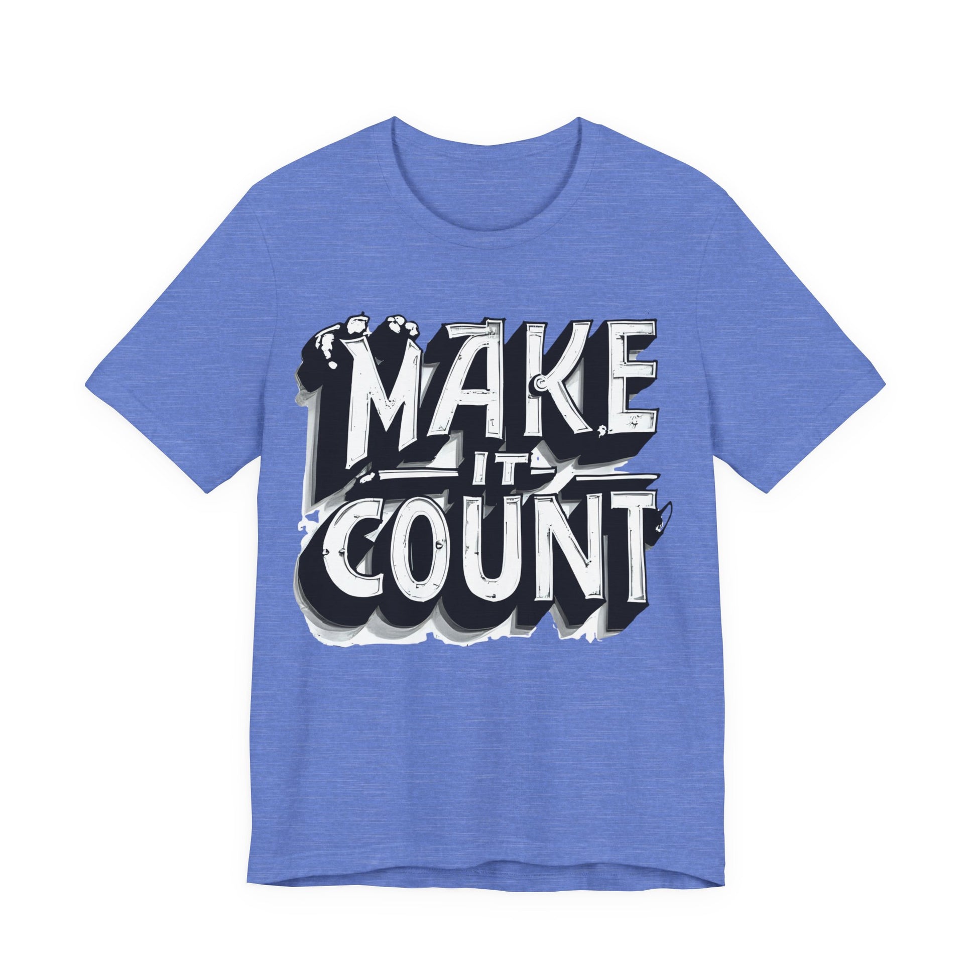 Blue t-shirt with 'MAKE IT COUNT' text design on a white background