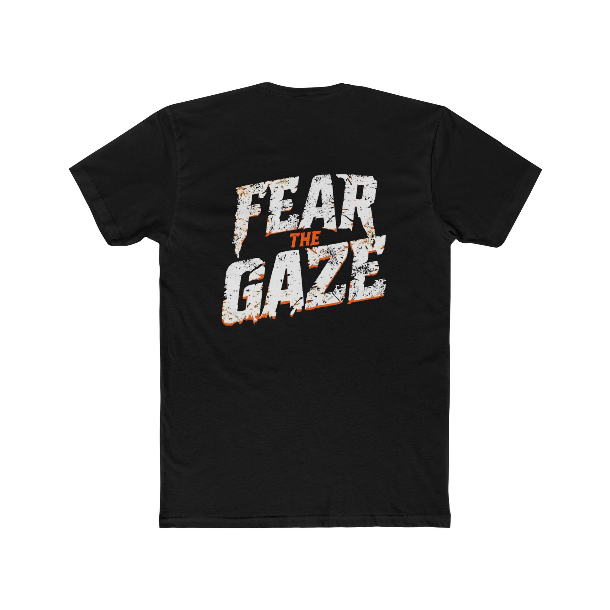 Black t-shirt with 'Fear the Gaze' text on the back against a white background