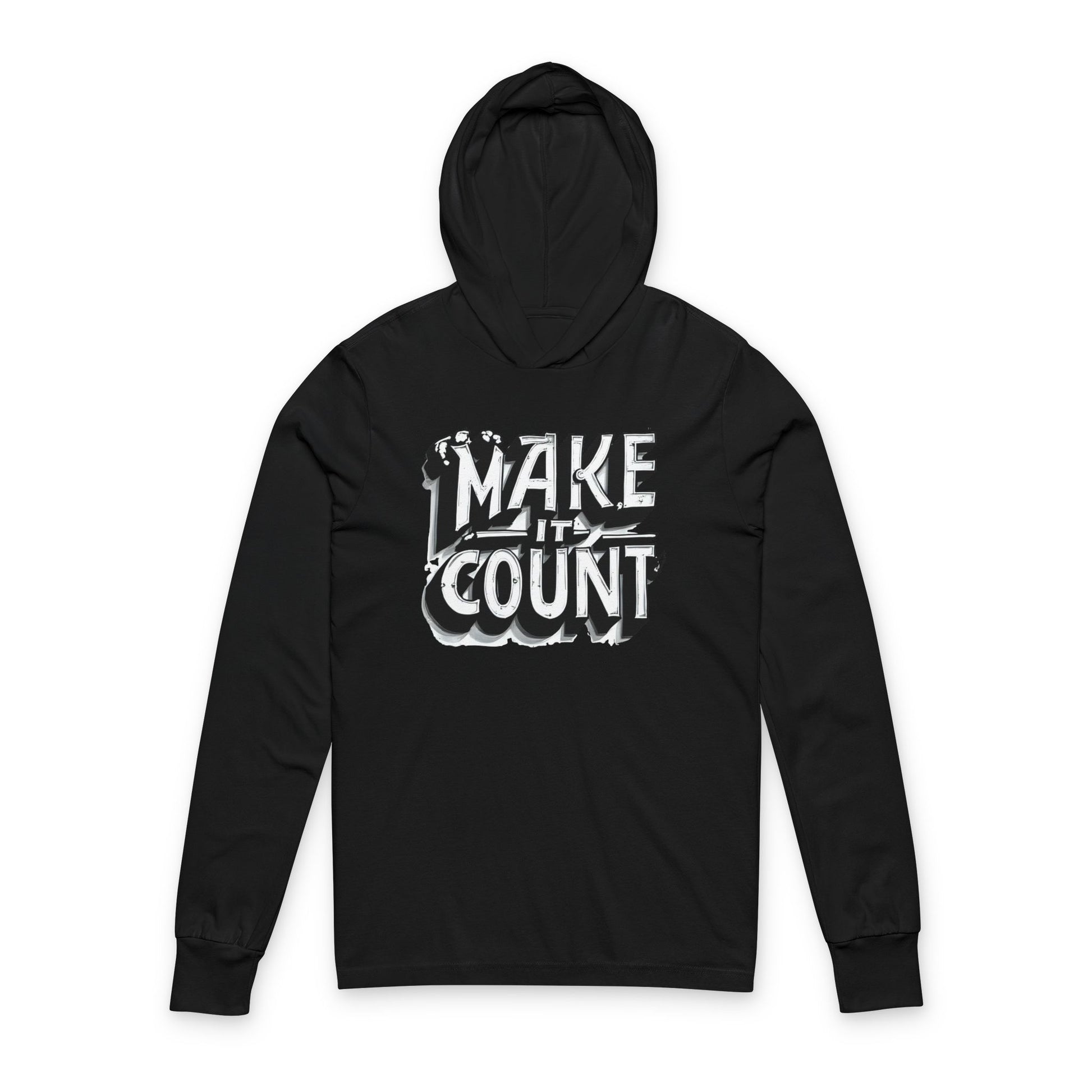 Black hoodie with 'MAKE IT COUNT' text on a white background