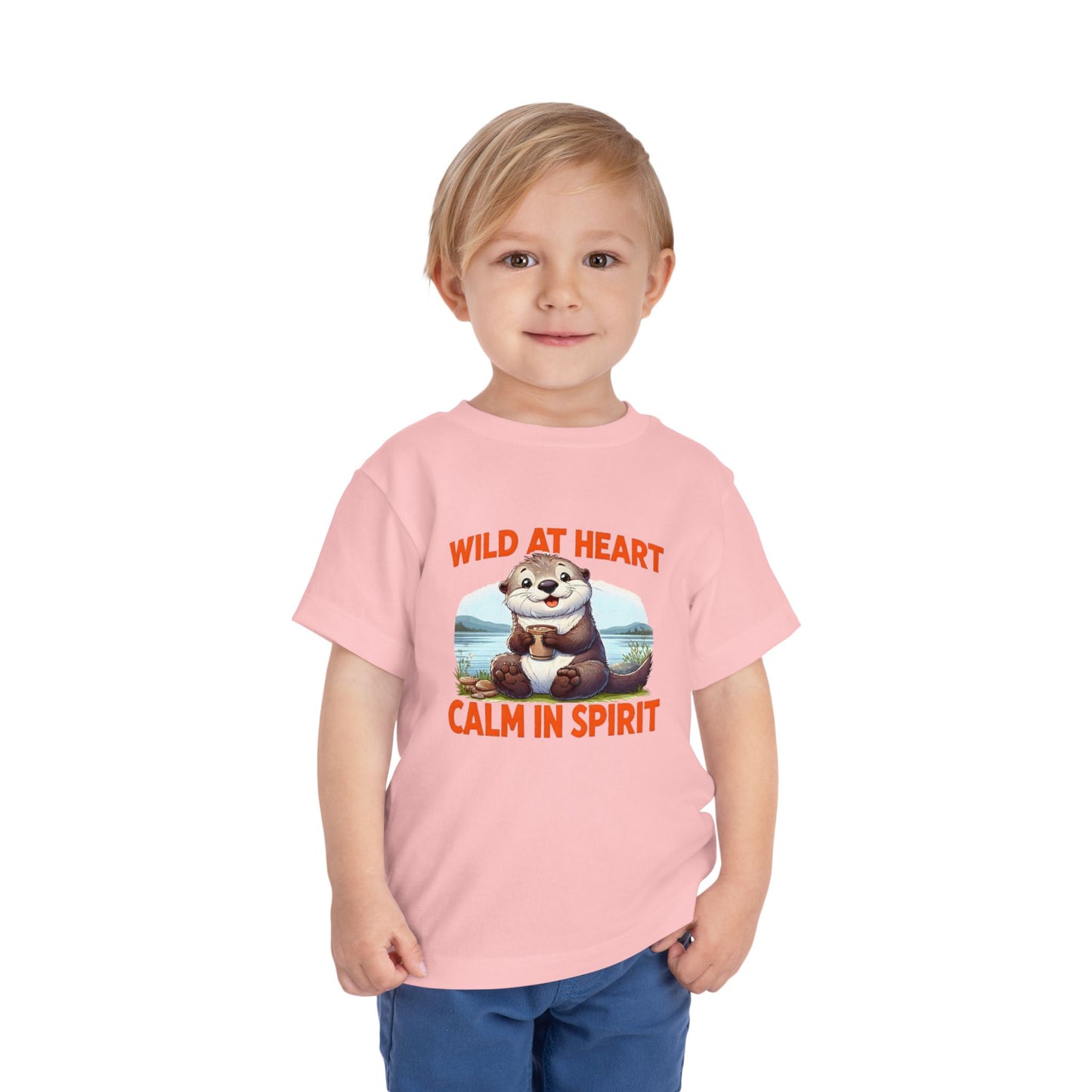 Child wearing a pink t-shirt with an otter graphic and text on a white background