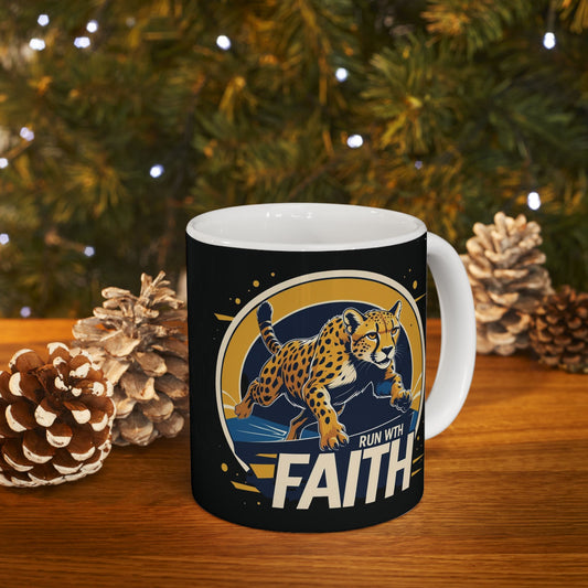 Mug with cheetah graphic and 'Run with Faith' text on a wooden surface with decorative pinecones and a Christmas tree.