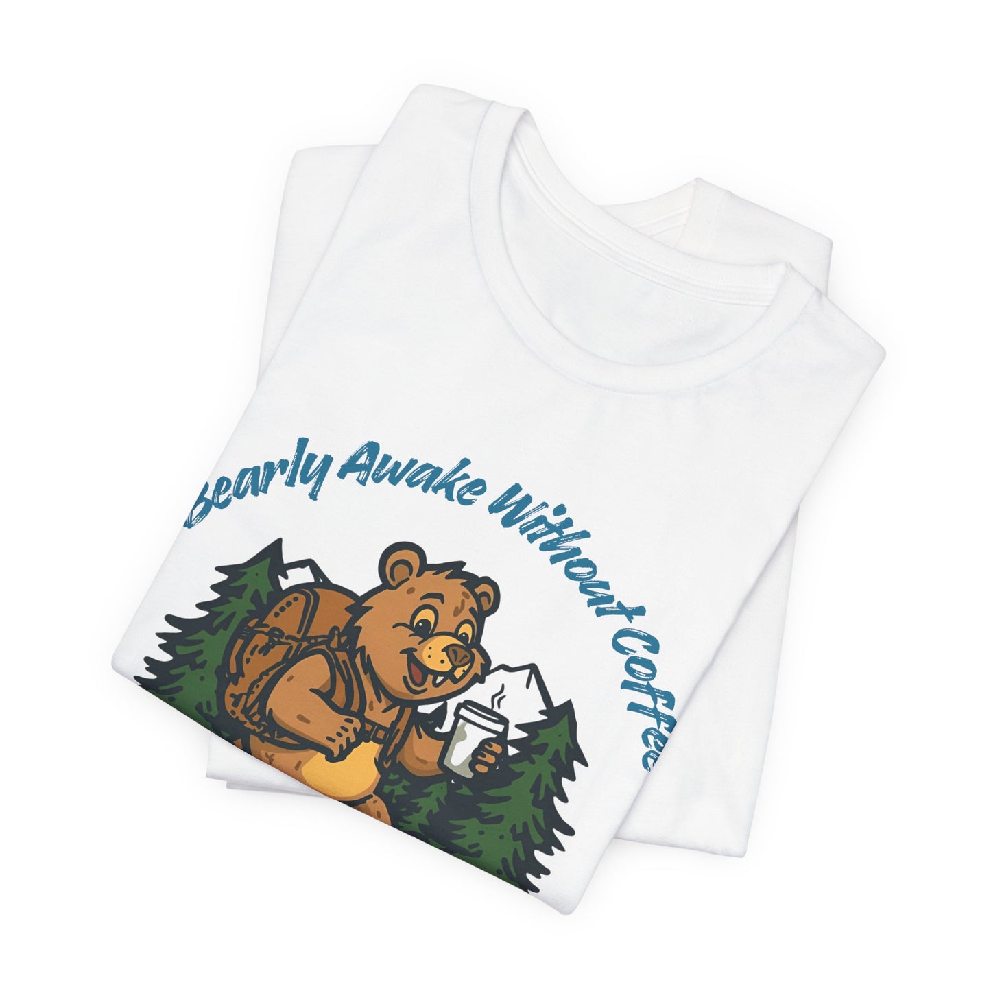 White tank top with a bear graphic and text 'Bearly Awake Without Coffee' on a white background