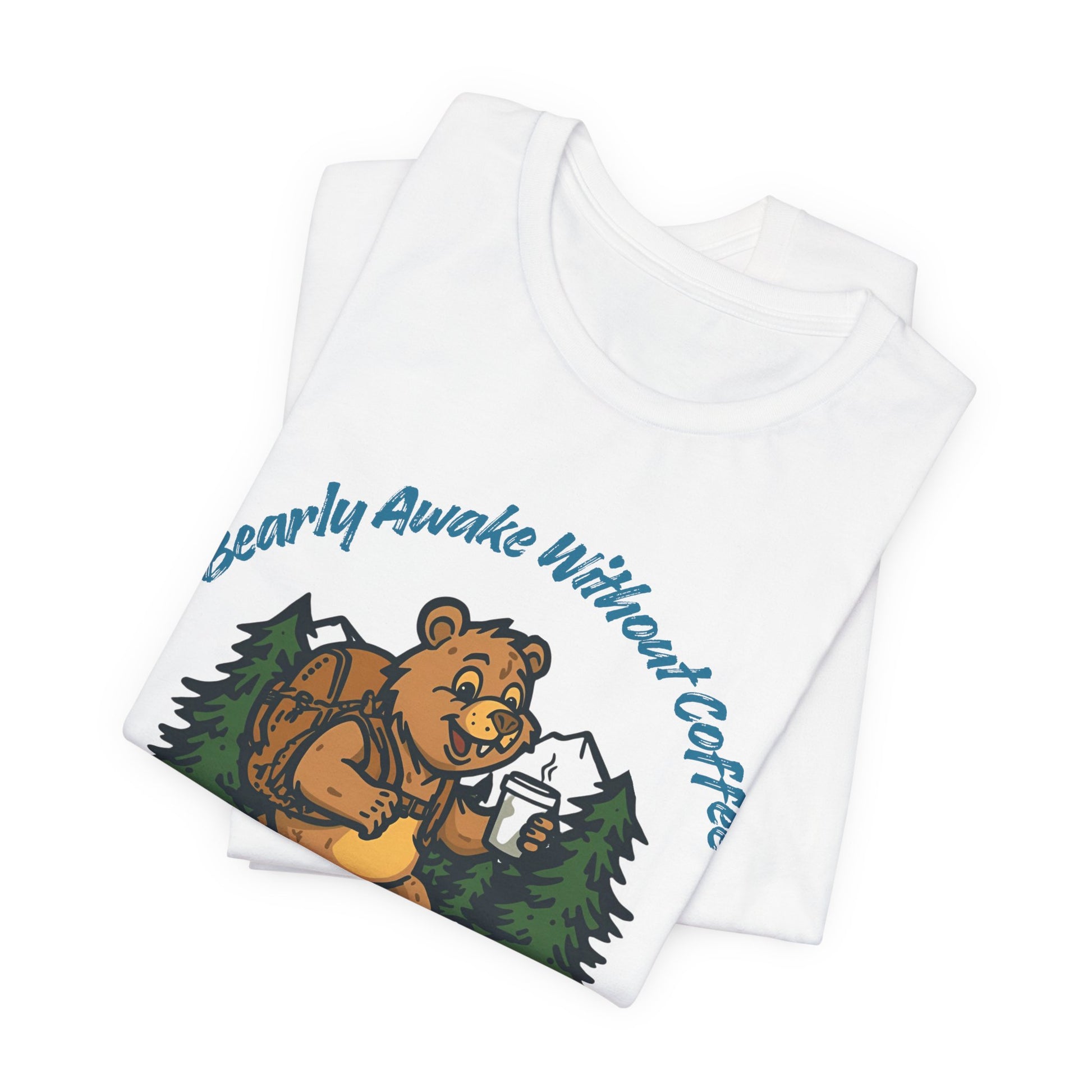 White tank top with a bear graphic and text 'Bearly Awake Without Coffee' on a white background