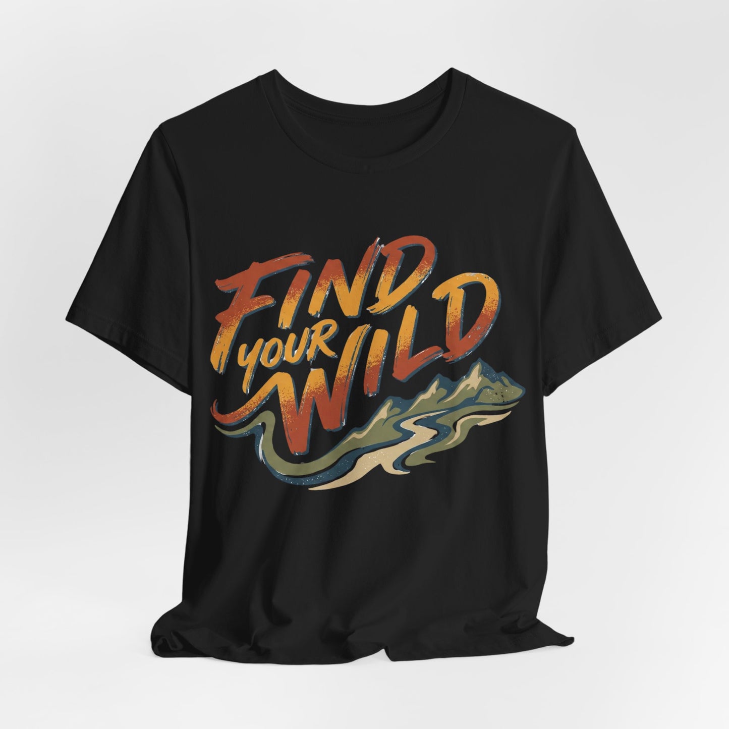 Black t-shirt with 'Find Your Wild' text and mountain graphic on a white background