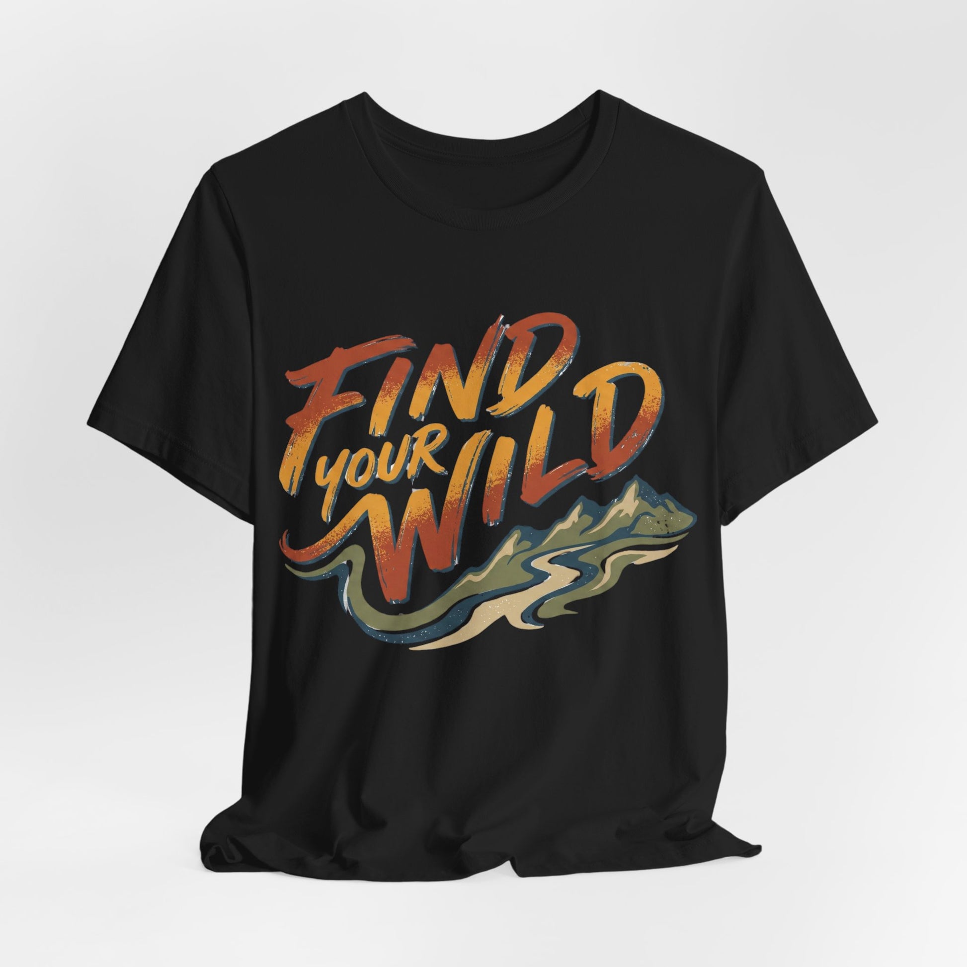 Black t-shirt with 'Find Your Wild' text and mountain graphic on a white background