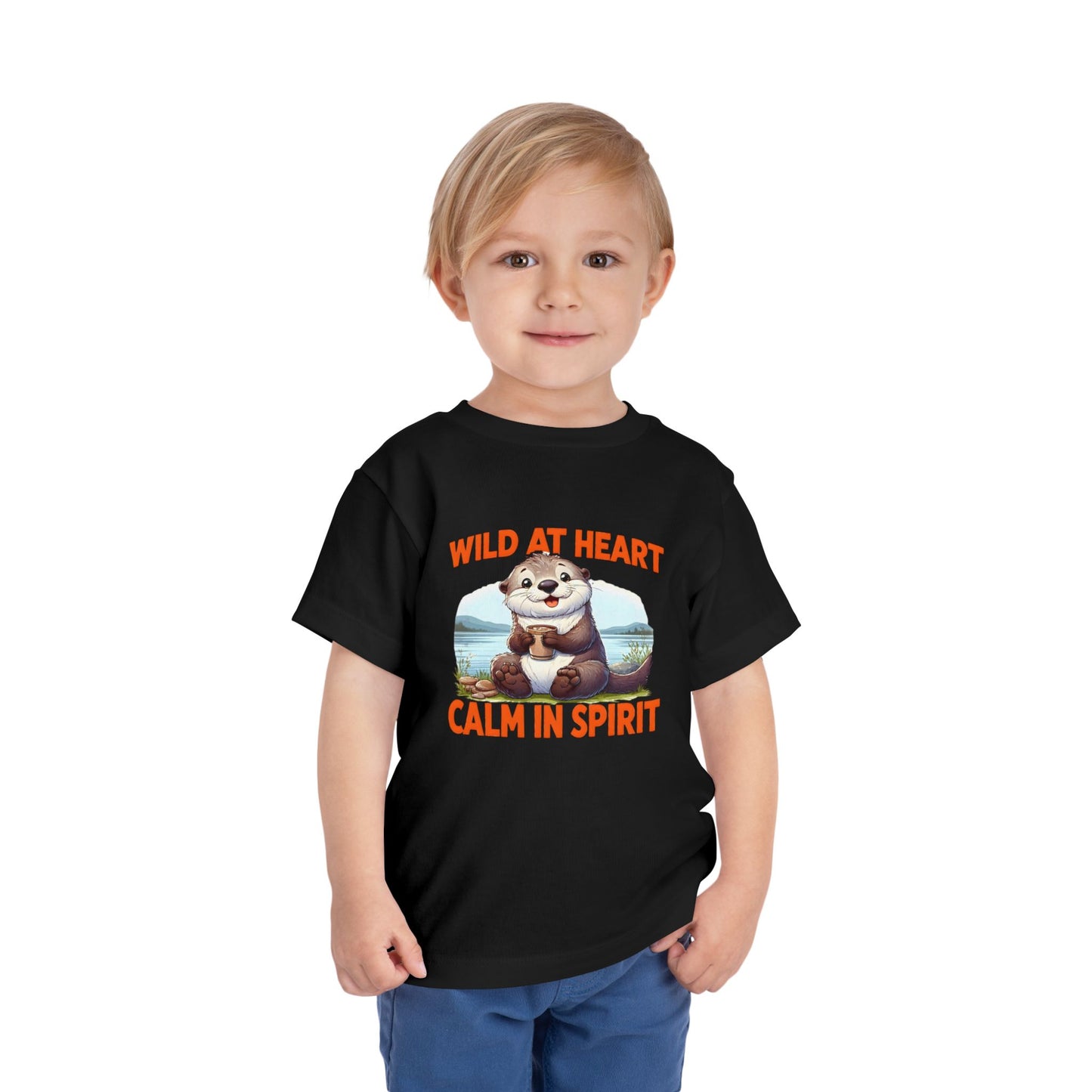 Child wearing a black t-shirt with an otter graphic and text on a white background